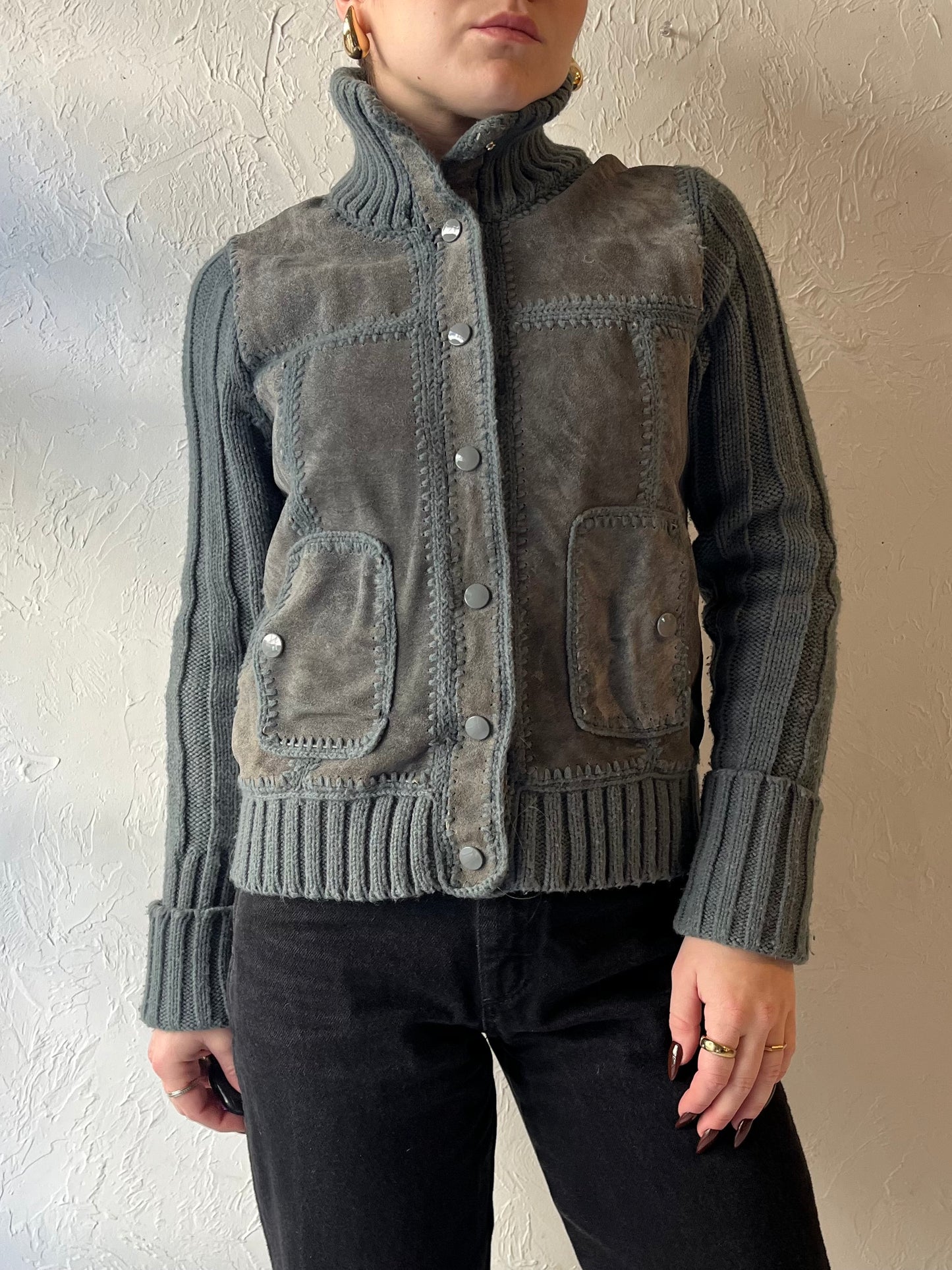 90s ‘Carol Cohen’ Blue Leather Knit Jacket / Small