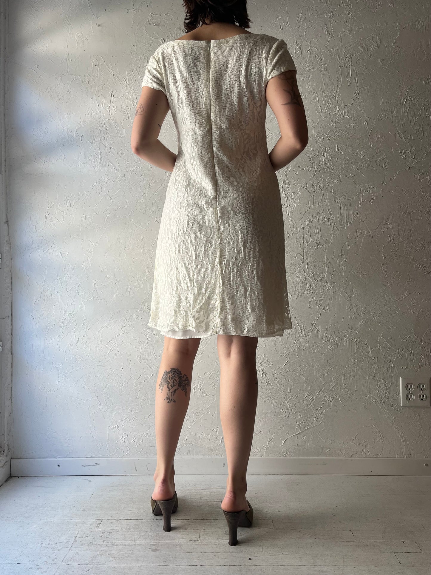 90s 'SL Fashions' White Lace Dress / Medium