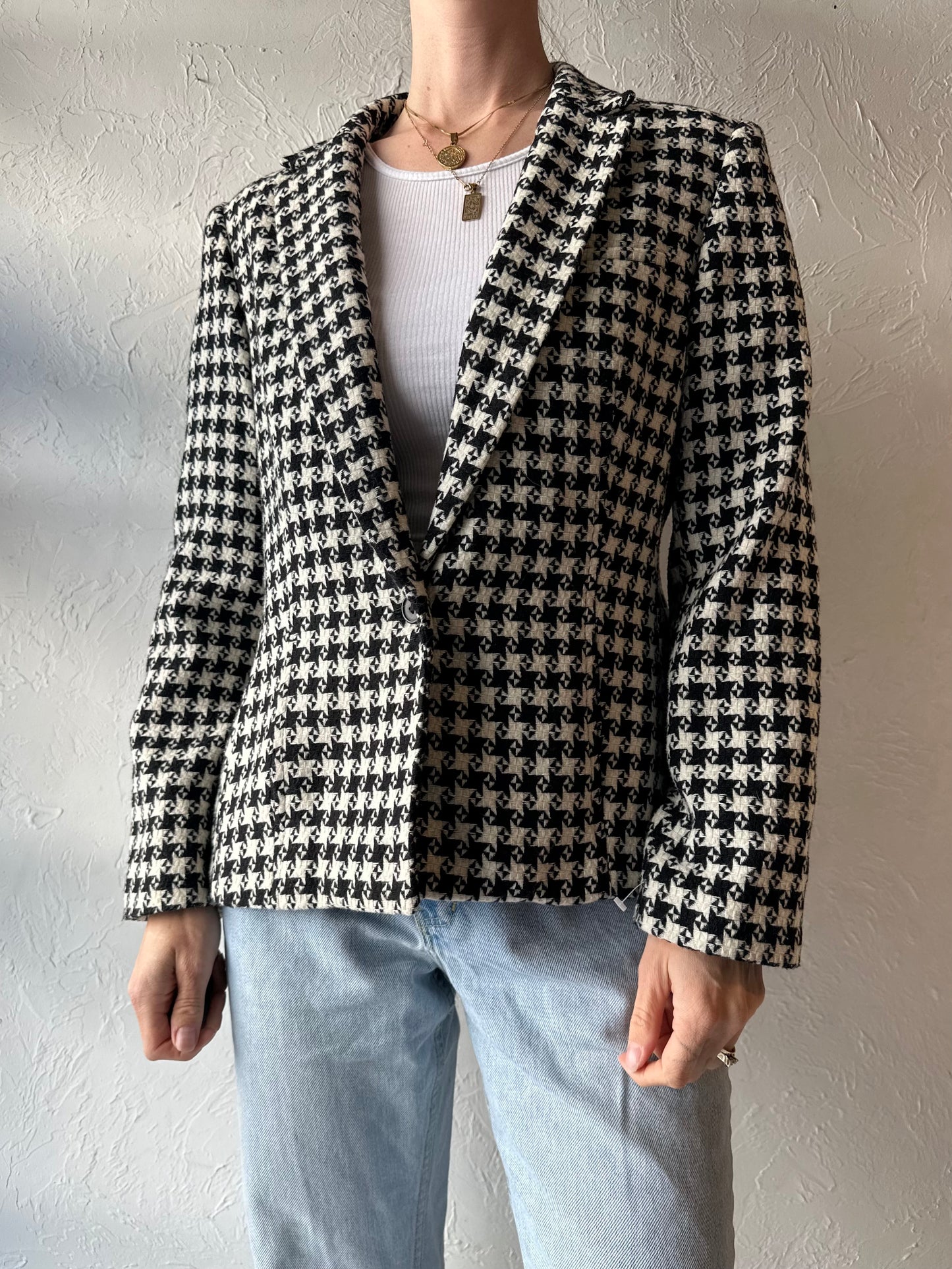 90s 'Larry Levine' Knit Houndstooth Blazer Jacket / Medium