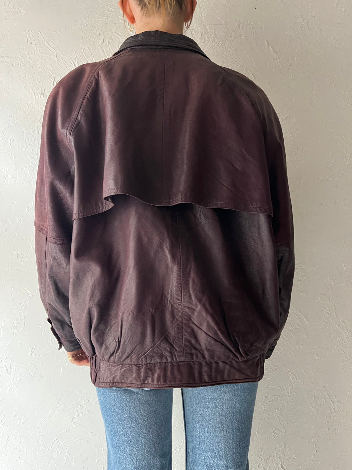 Vintage Burgundy Leather Bomber Jacket / Medium