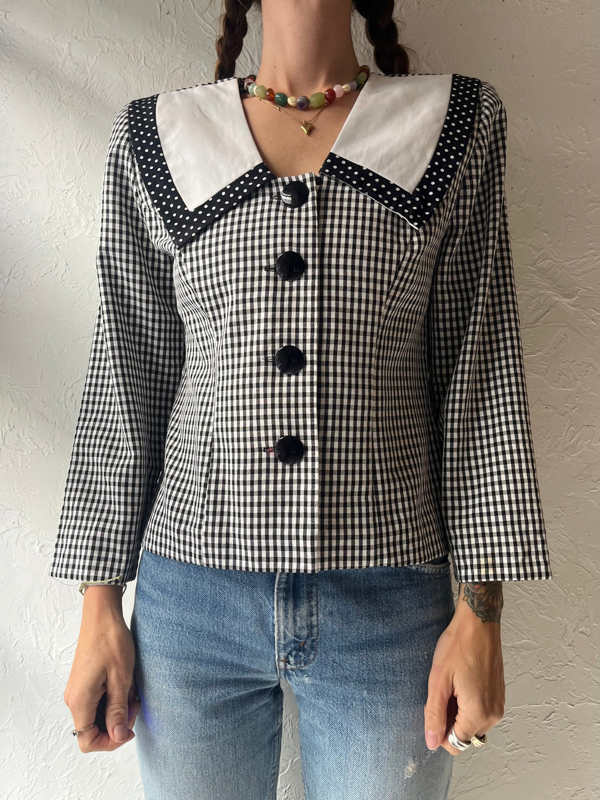 80s 'Mari' Black & White Plaid Gingham Sailor Collar Cottagecore Preppy Top / Medium