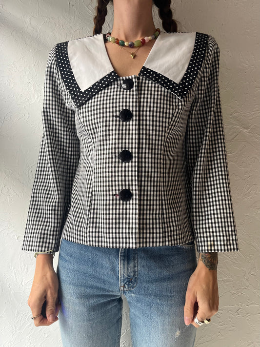 80s 'Mari' Black & White Plaid Gingham Sailor Collar Cottagecore Preppy Top / Medium