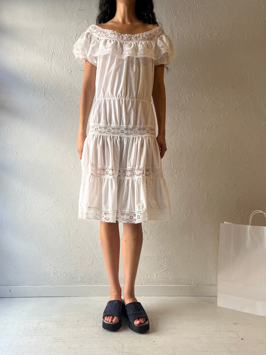 80s 'Telamex' White Tiered Prairie Dress / Small