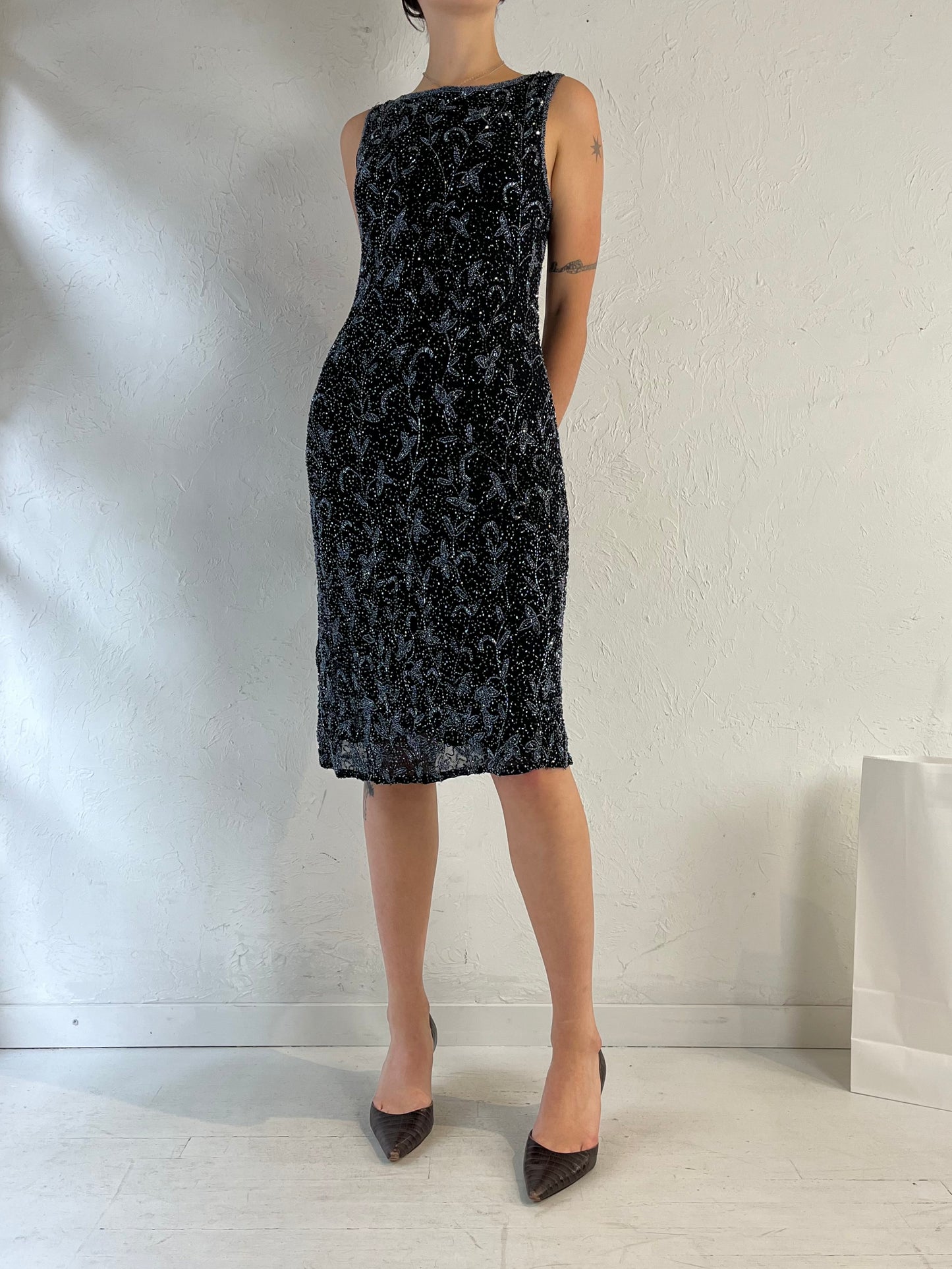 90s 'Stenay' Black Beaded Dress / Large