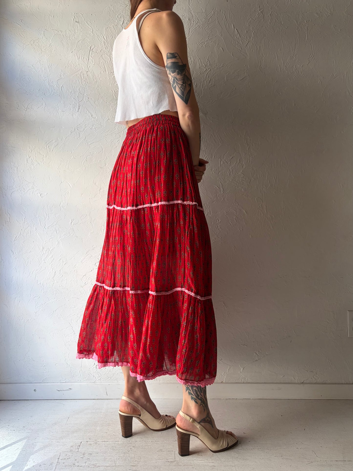 90s 'My Rose' Red Floral Western Midi Skirt / Small