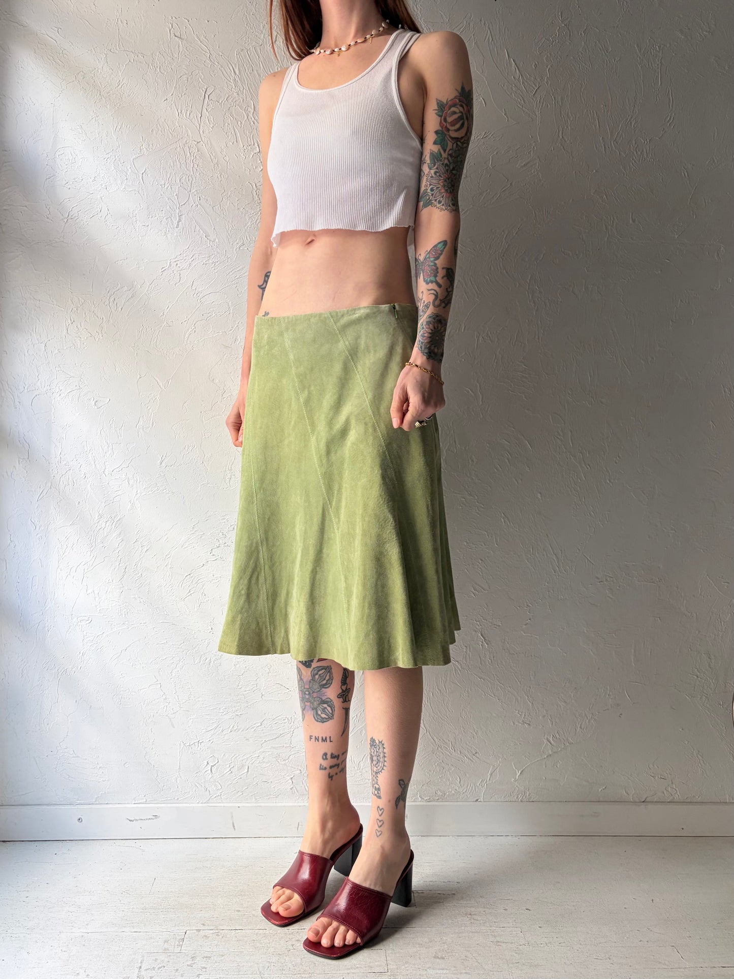 Y2k 'Wear Else' Green Suede Sprint Midi Skirt / Medium