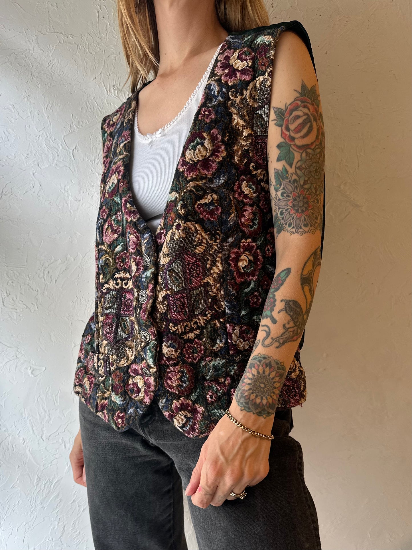 90s 'Basic Traditions' Floral Tapestry Vest / Large