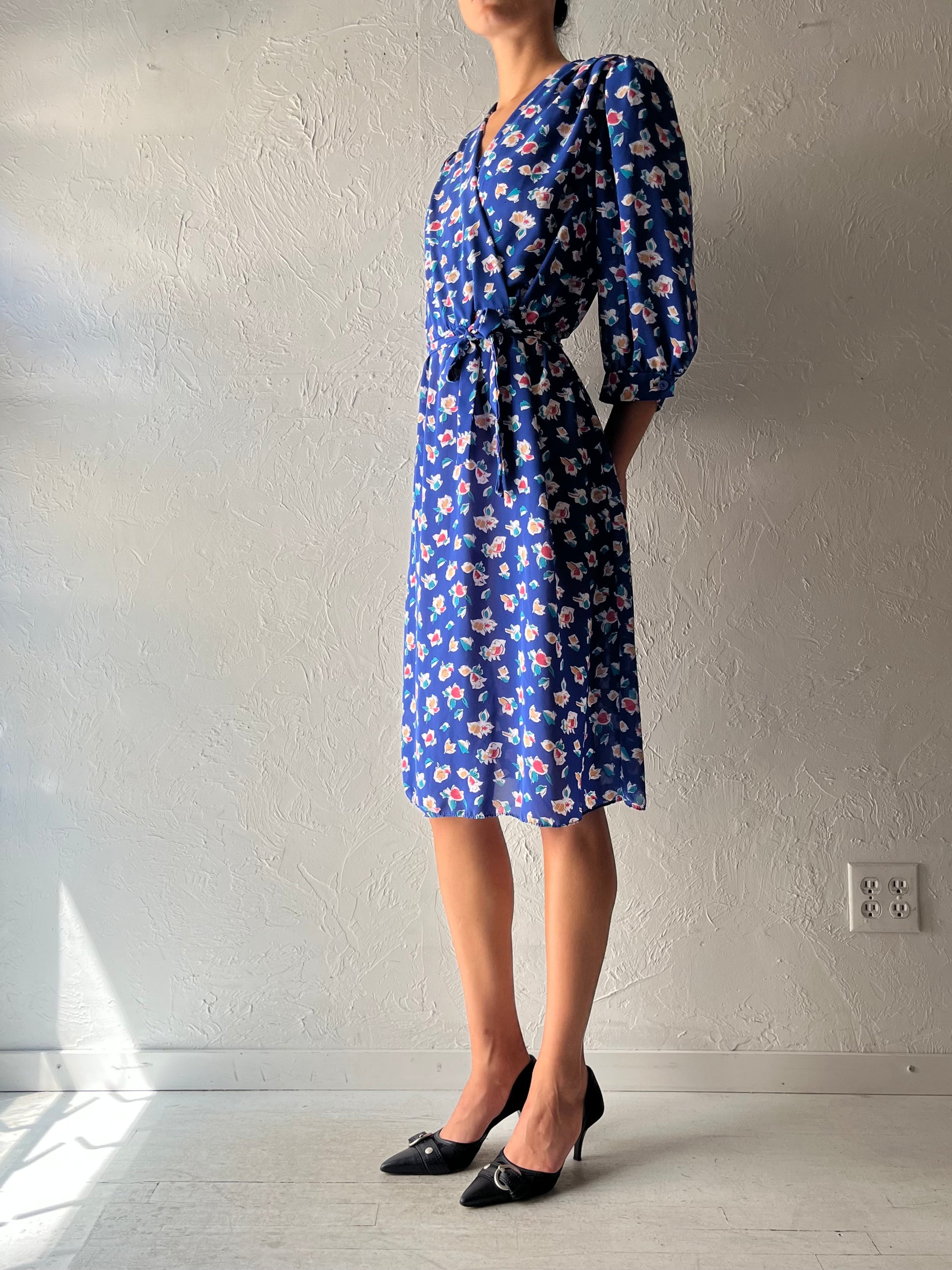 80s 'Tabby' Blue Patterned Summer Dress / Vintage 1980s Floral Cottagecore Boho Picnic Midi Dress / Medium