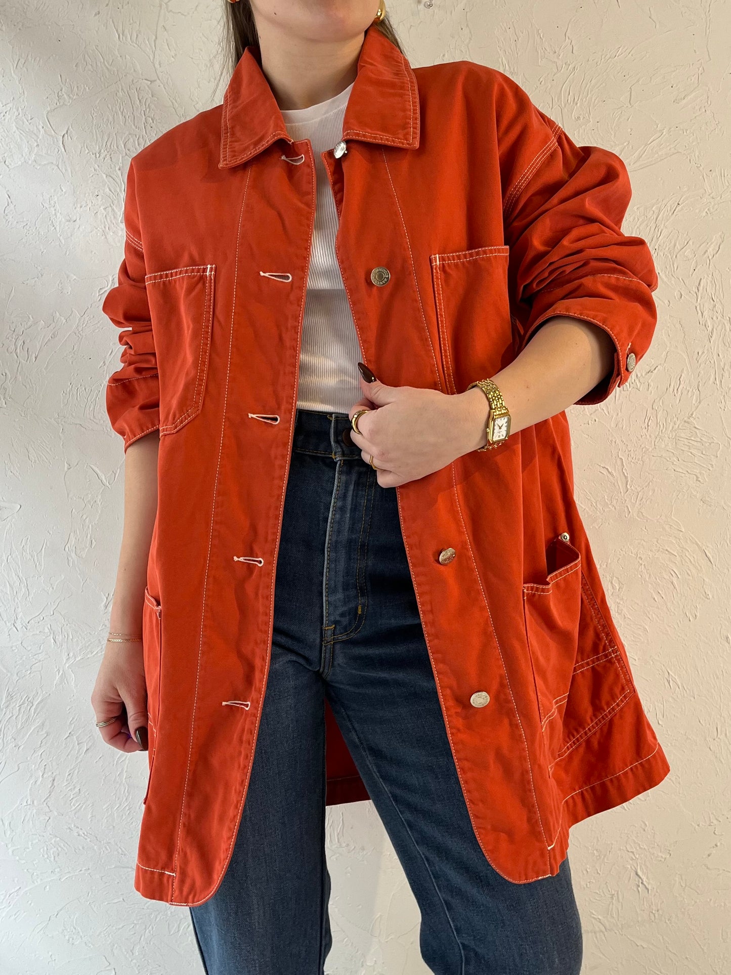 90s ‘Eddie Bauer’ Orange Cotton Chore Jacket / Small