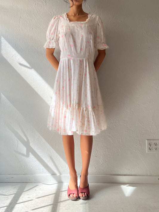 Vintage Handmade White Floral Romantic Cottagecore Summer Midi Dress / Medium