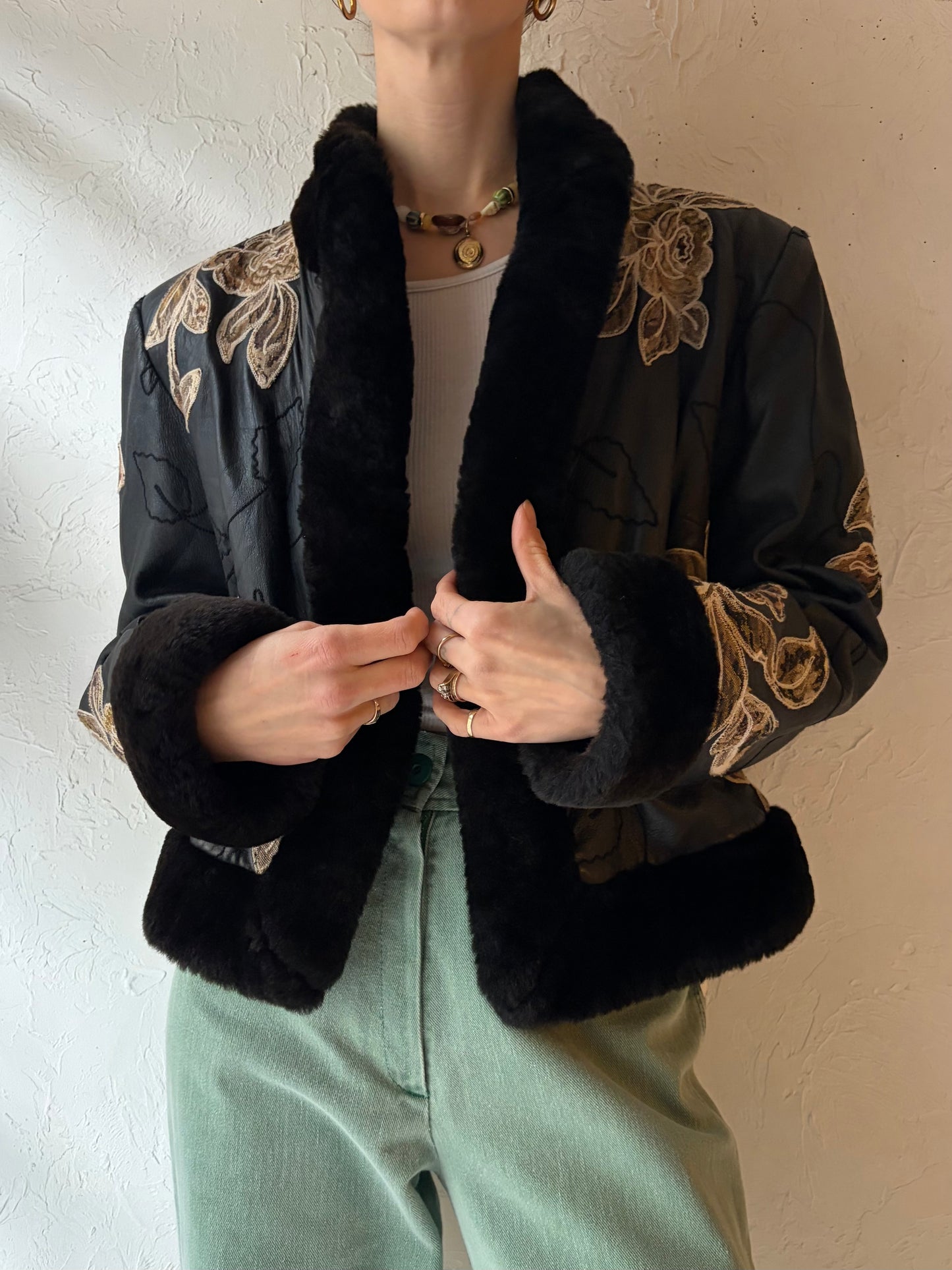 Vintage 'Wai Yin Chen' Embroidered Leather Jacket / Small