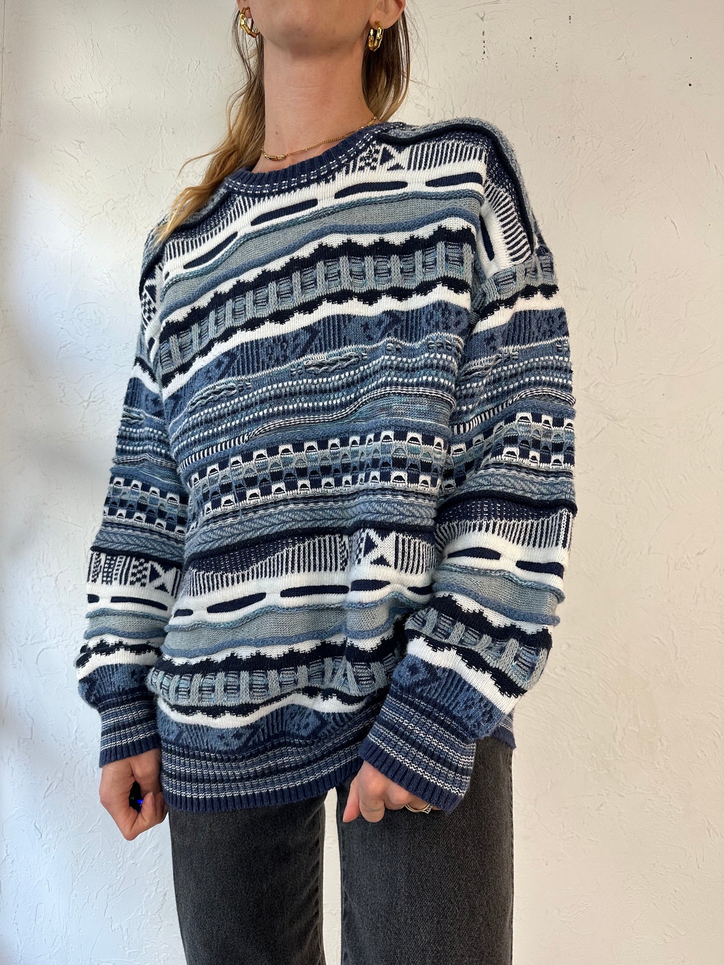 90s 'Florence Tricot' Blue Coogie Style Cotton Acrylic Knit Sweater / Large