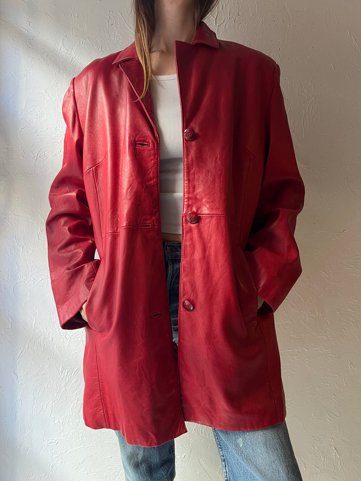 Y2k 'Danier' Red Leather Minimalist Retro Grunge Statement Jacket / Large