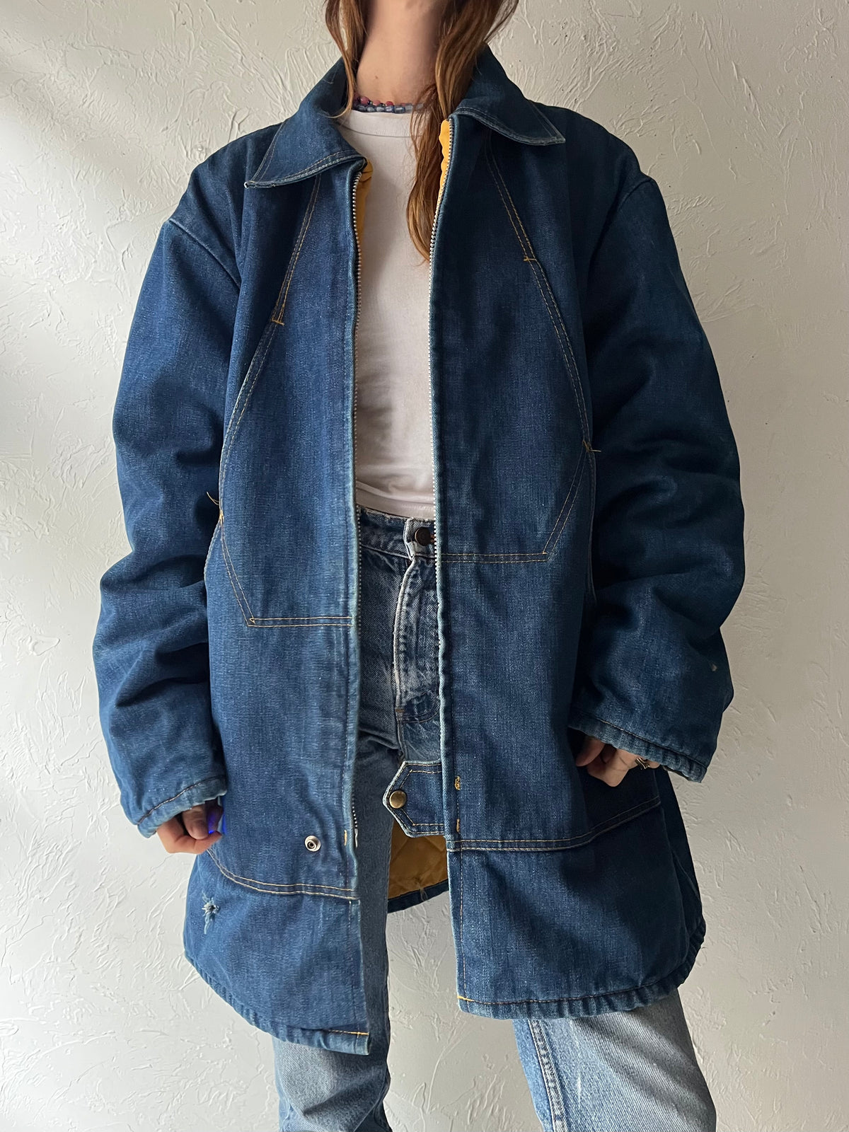 Vintage Blue Denim Chore Coat Quilted Lined Workwear Utility Jacket / XL
