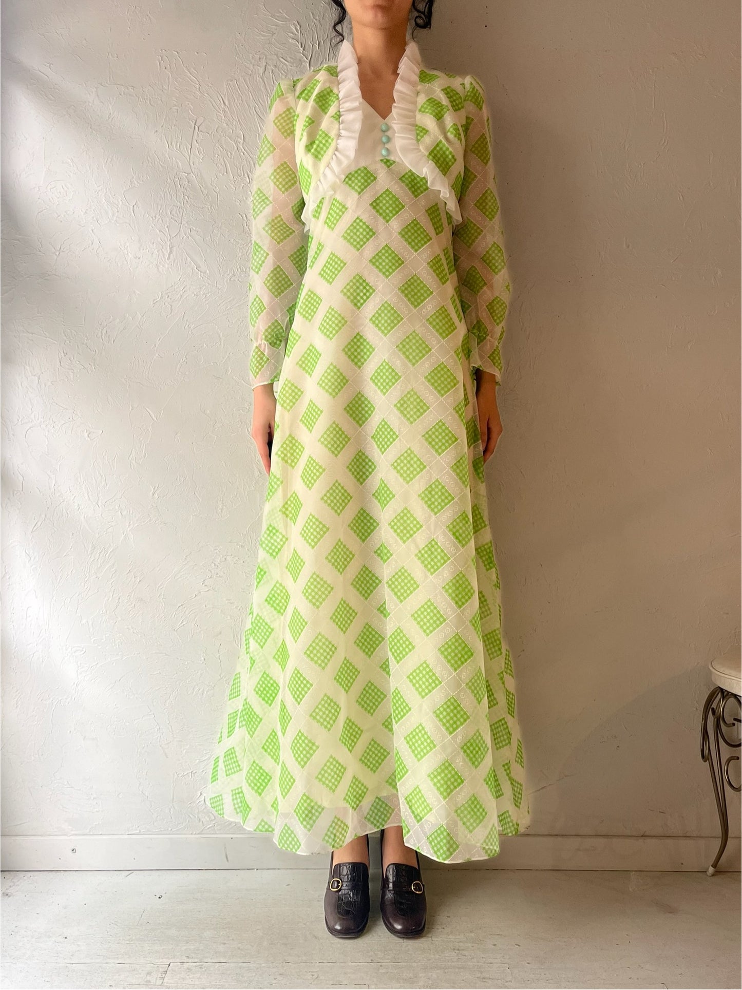 70s 'Nu Mode' Green Check Dress / Small