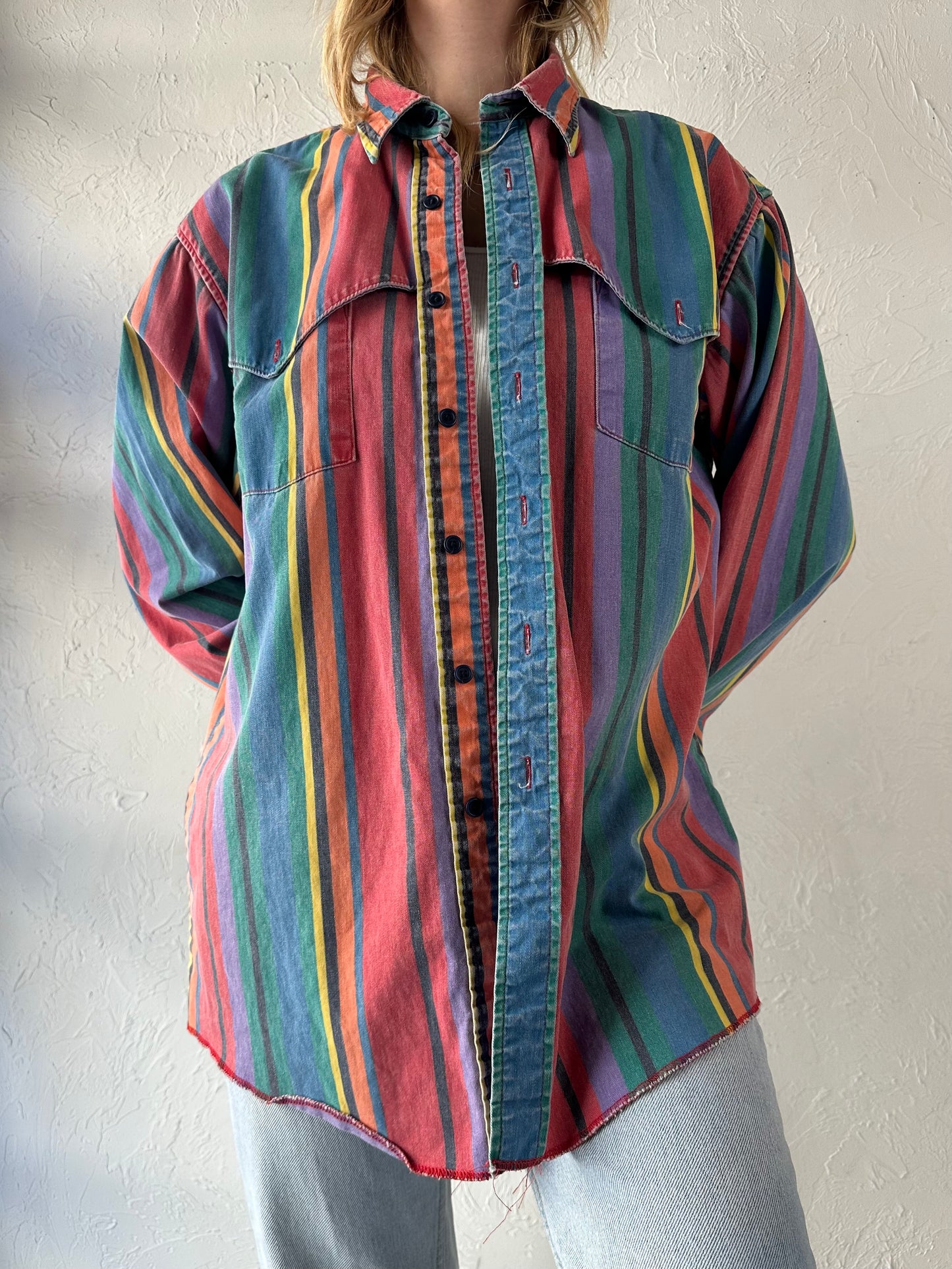 90s 'Wrangler' Rainbow Striped thick Cotton Western Shirt / Large