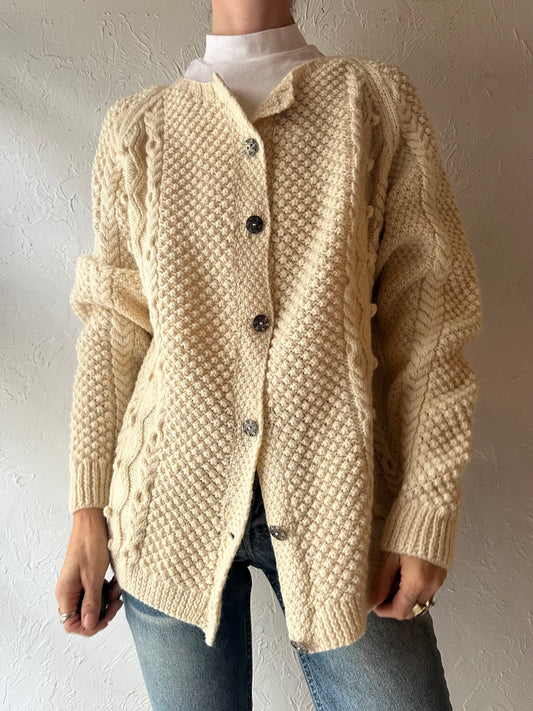 Vintage Cream Handmade Knit Cardigan Sweater / Small
