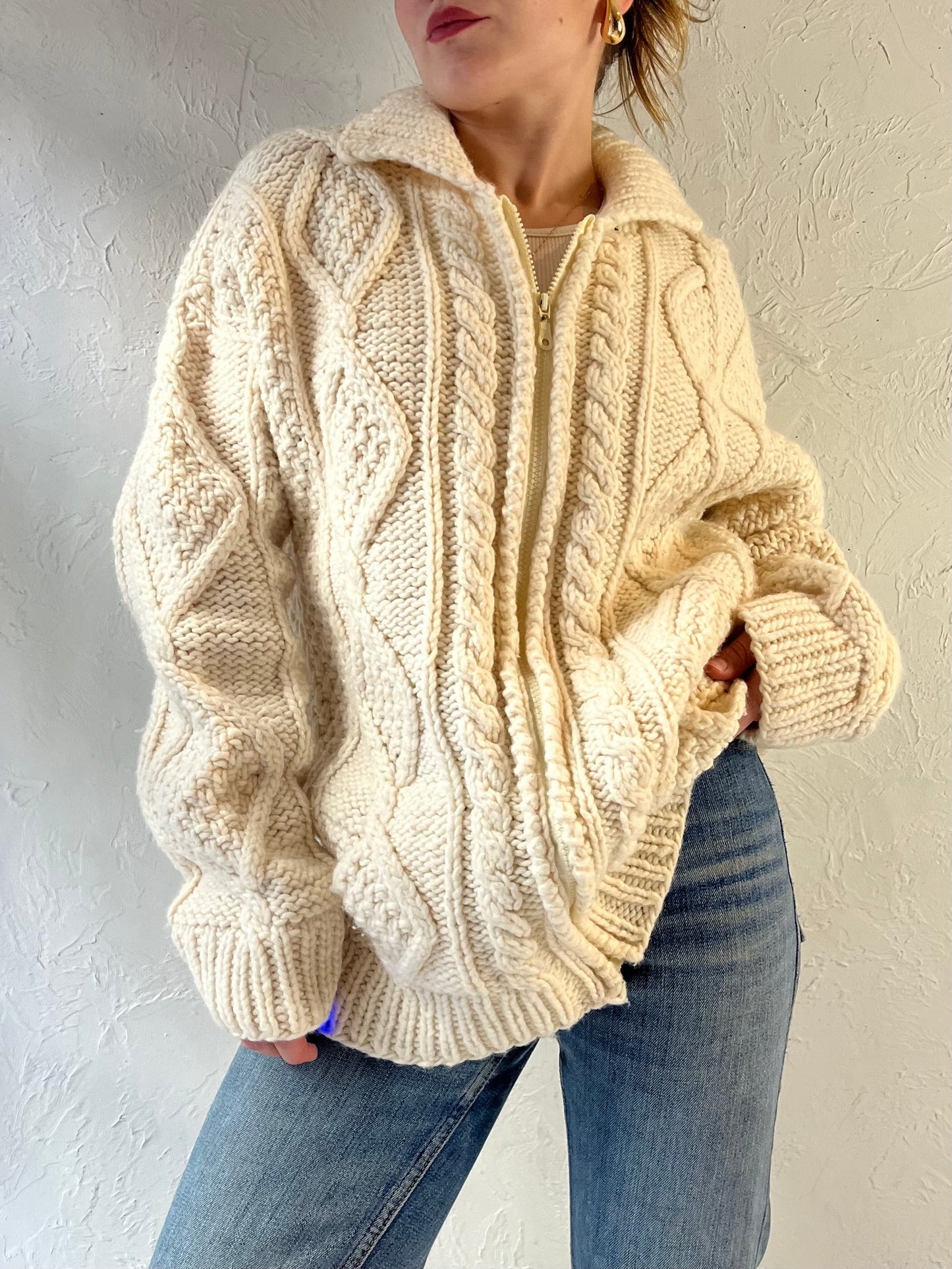 Vintage ‘Atesanias’ Cream Cable Knit Zip Up Sweater / Medium