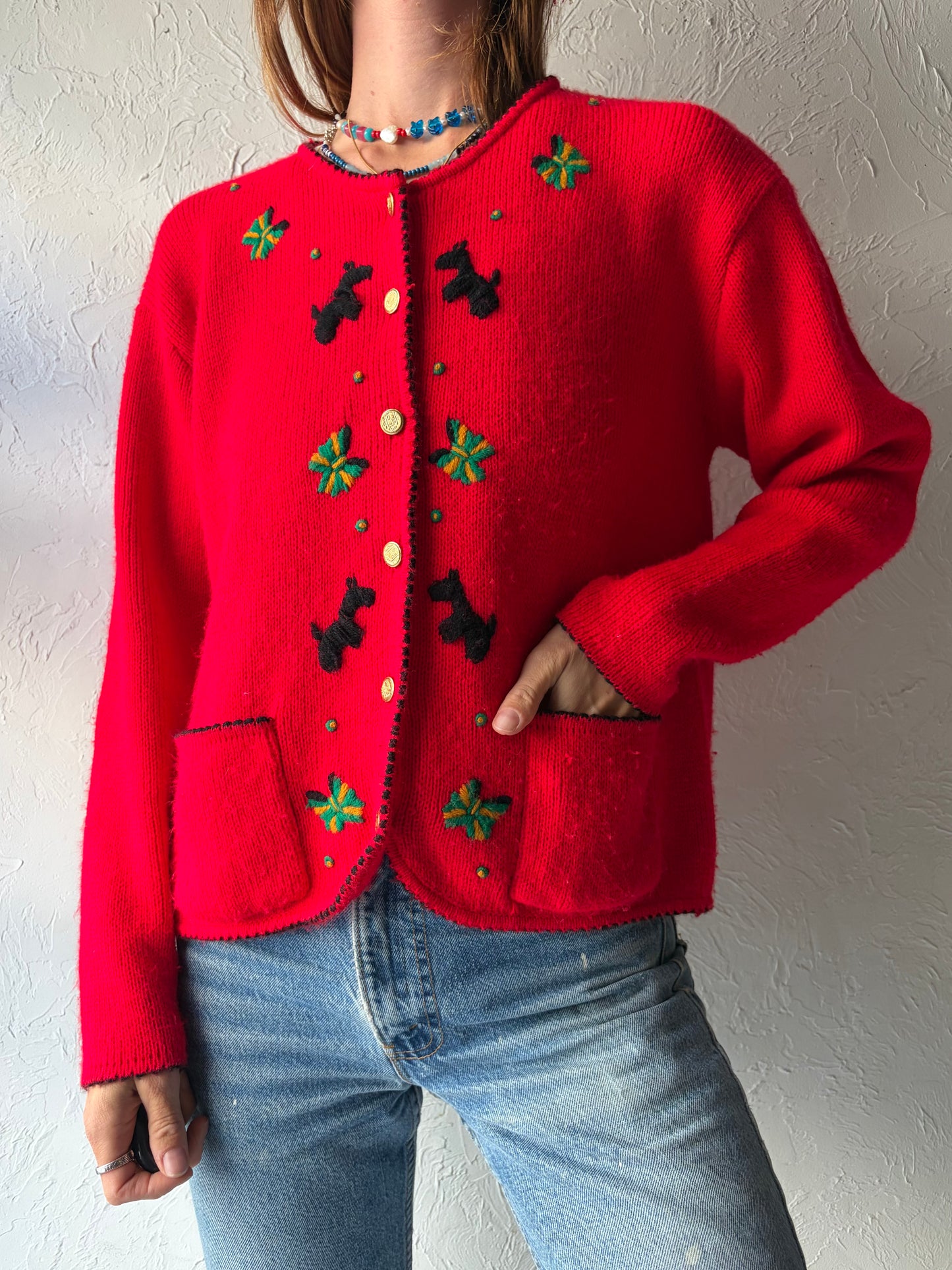 Vintage 'Tally Ho' Red Acrylic Cardigan Sweater / Medium