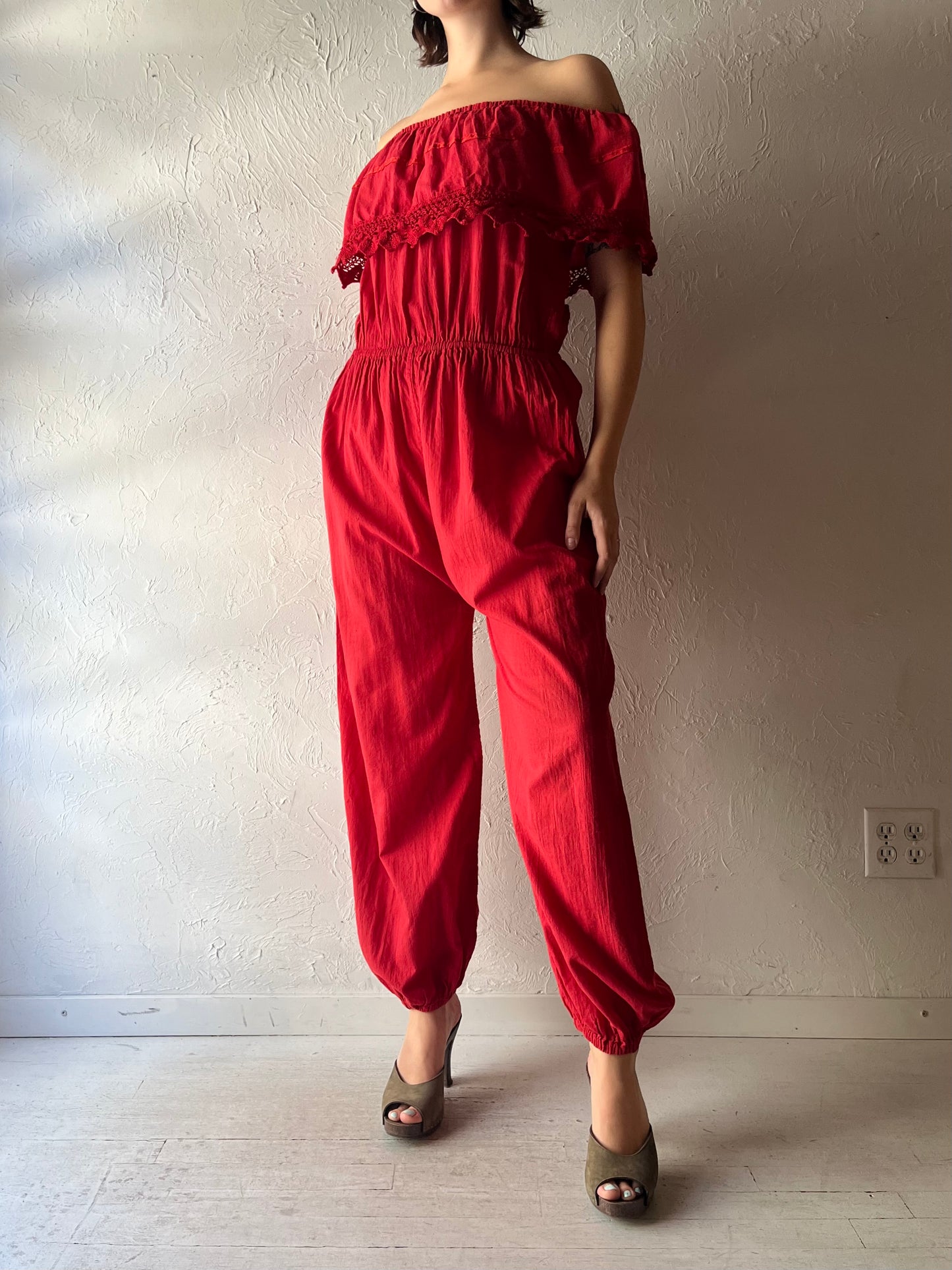 Vintage Romantic Red Boho Fairycore Summer Jumpsuit / Medium