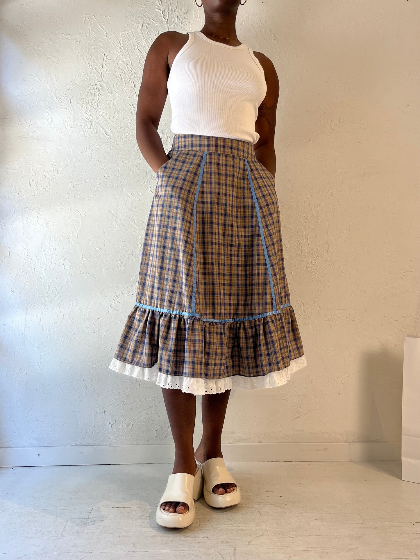 90s 'Stage West' Plaid Western Midi Skirt / Medium