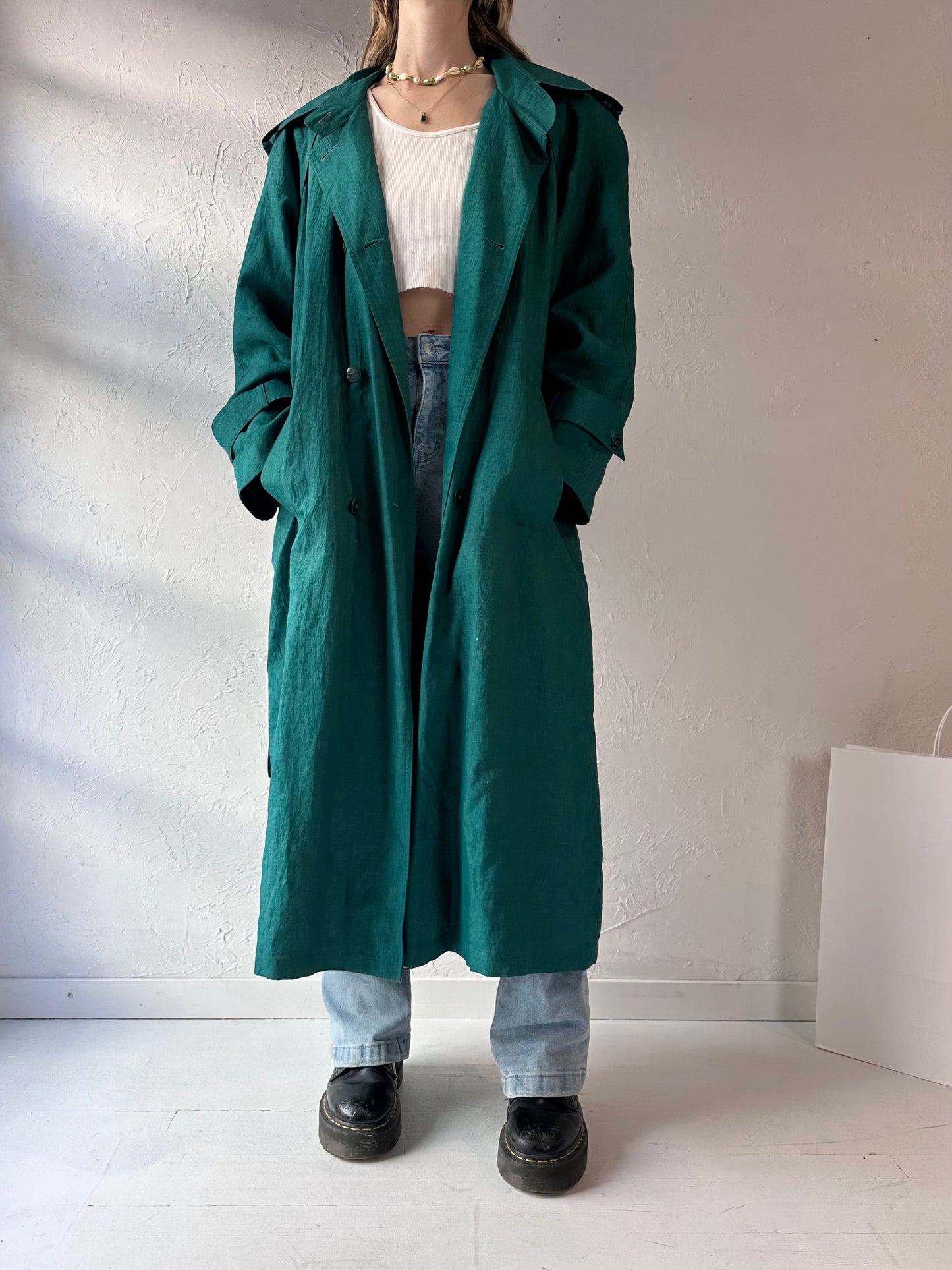 90s 'British Mist' Green Lined Trench Coat / Medium - Large