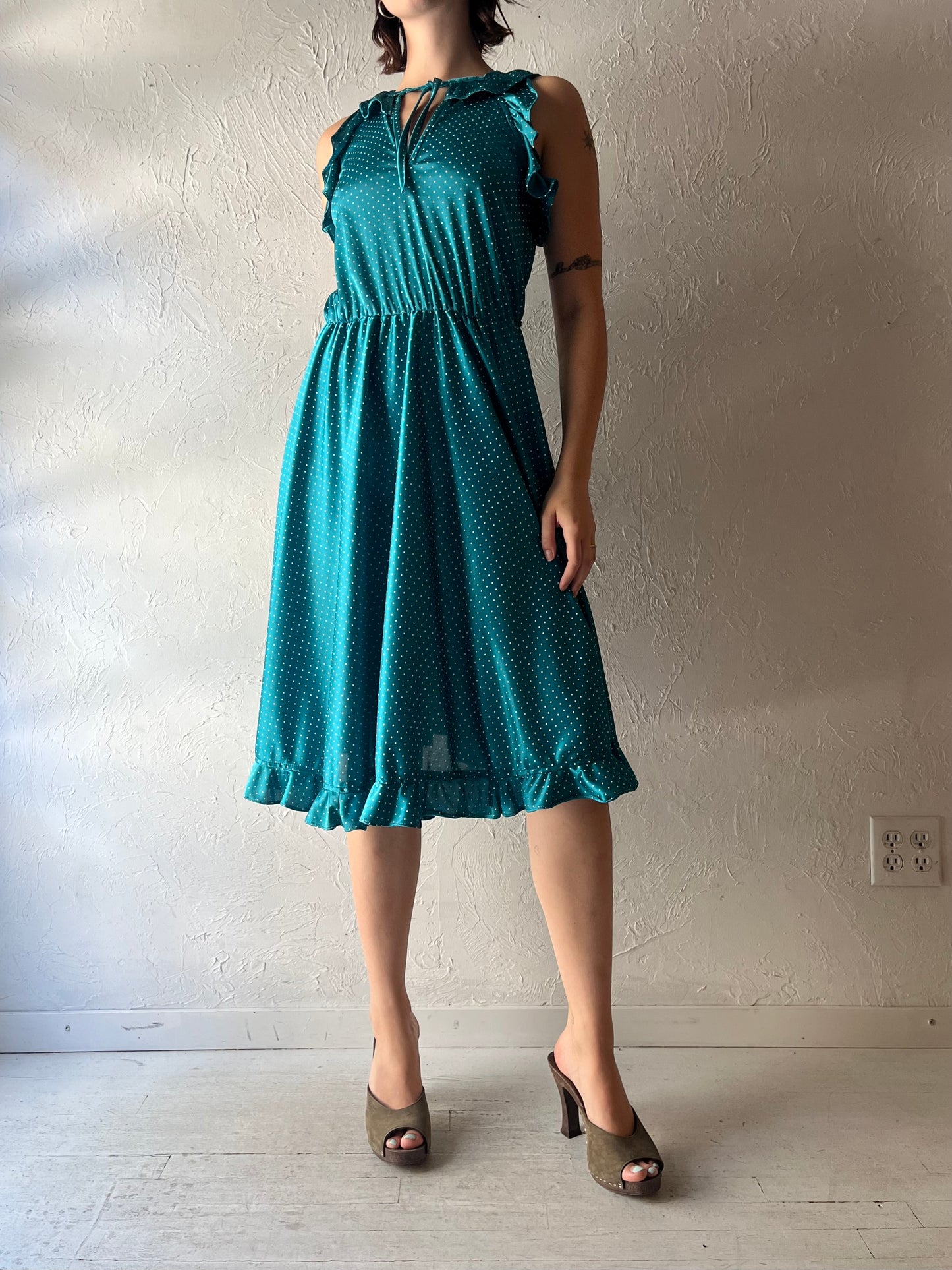 80s Retro Teal Polka Dot Party Dress / Small - Medium