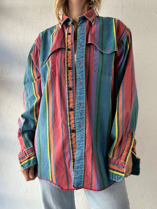 90s 'Wrangler' Rainbow Striped thick Cotton Western Shirt / Large