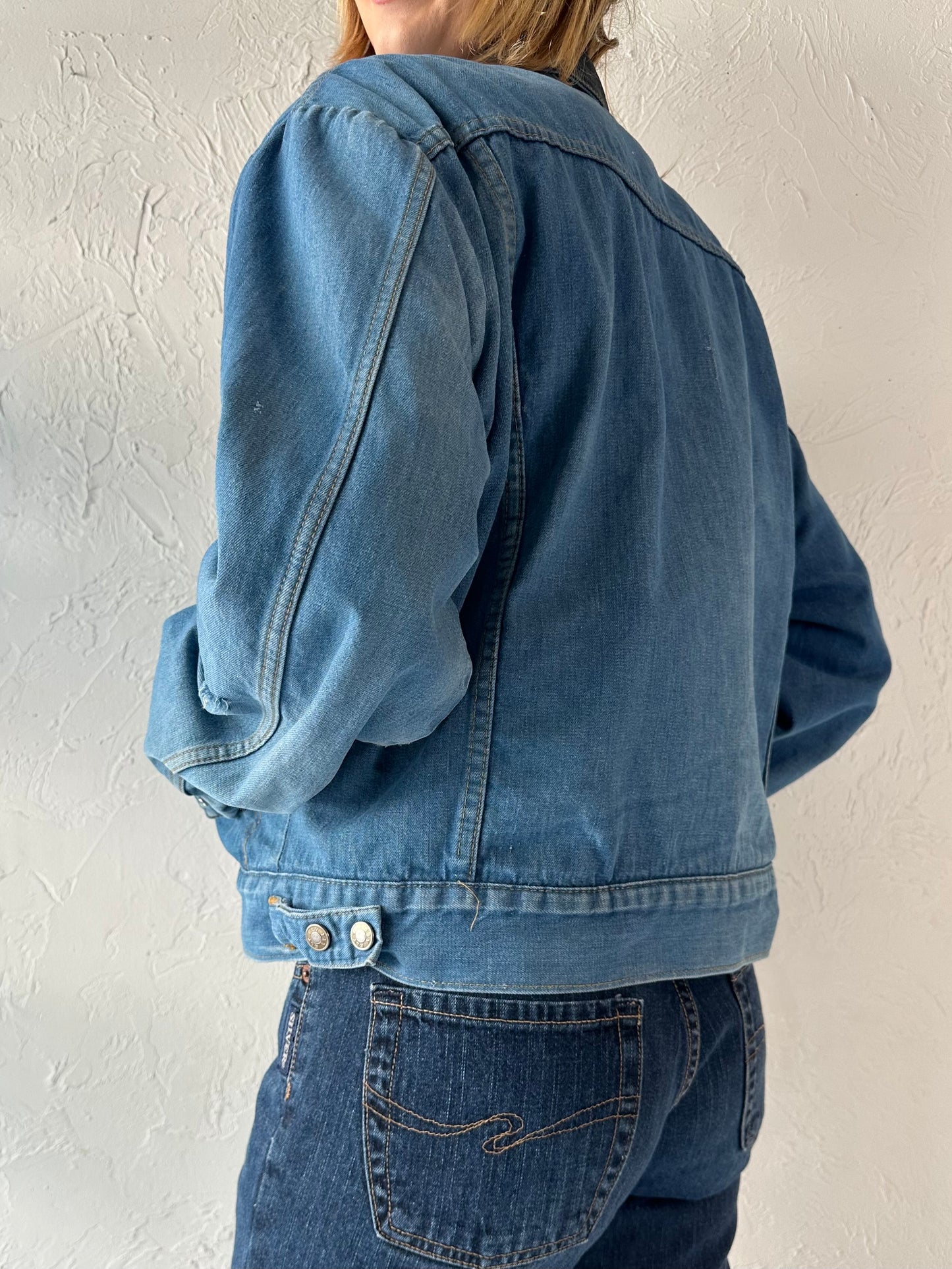 90s 'Ely' Faux Fur Cropped Denim Jacket / Large