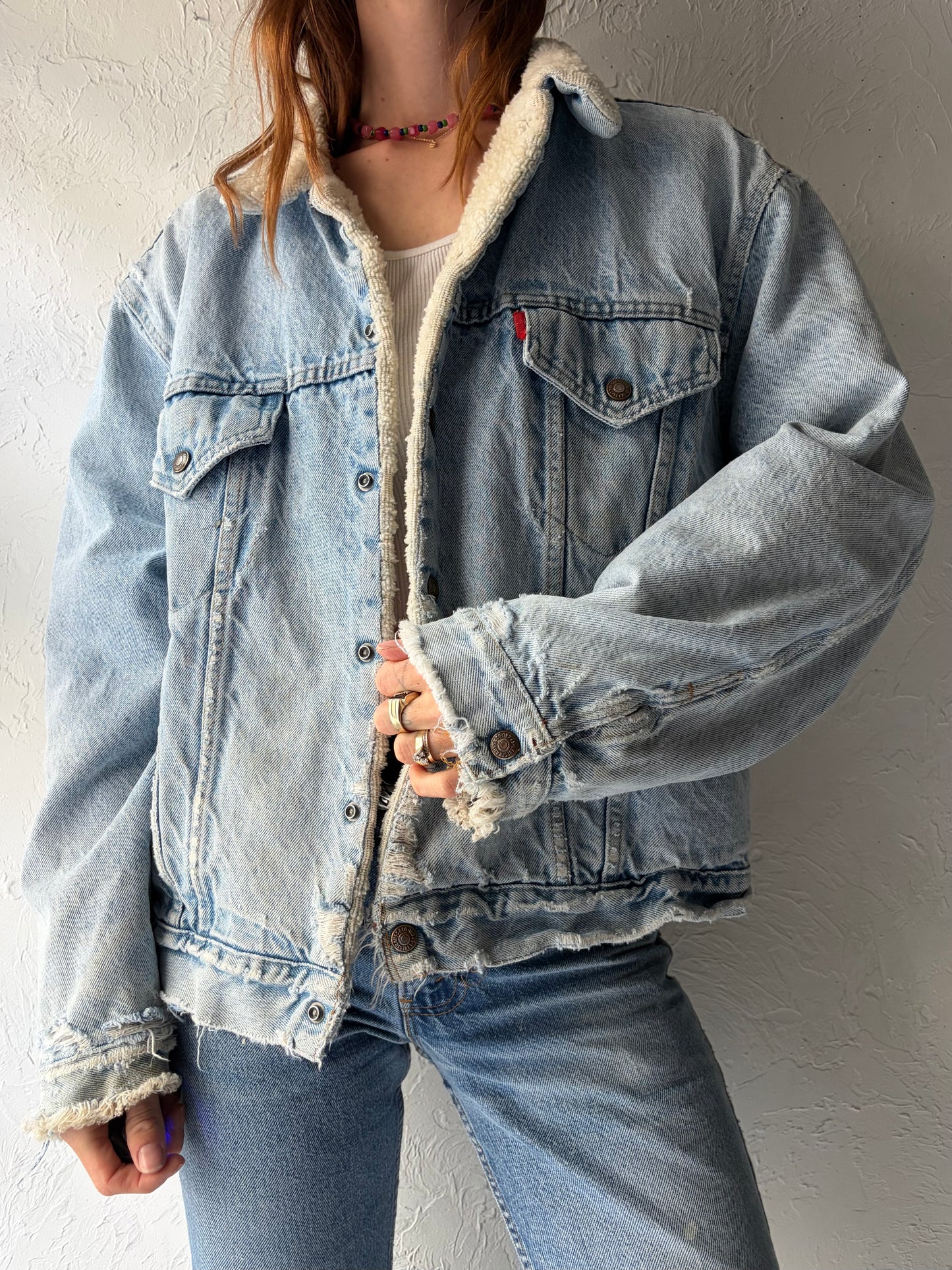70s 'Levis' Faux Shearling Lined Light Wash Denim Jacket / Large
