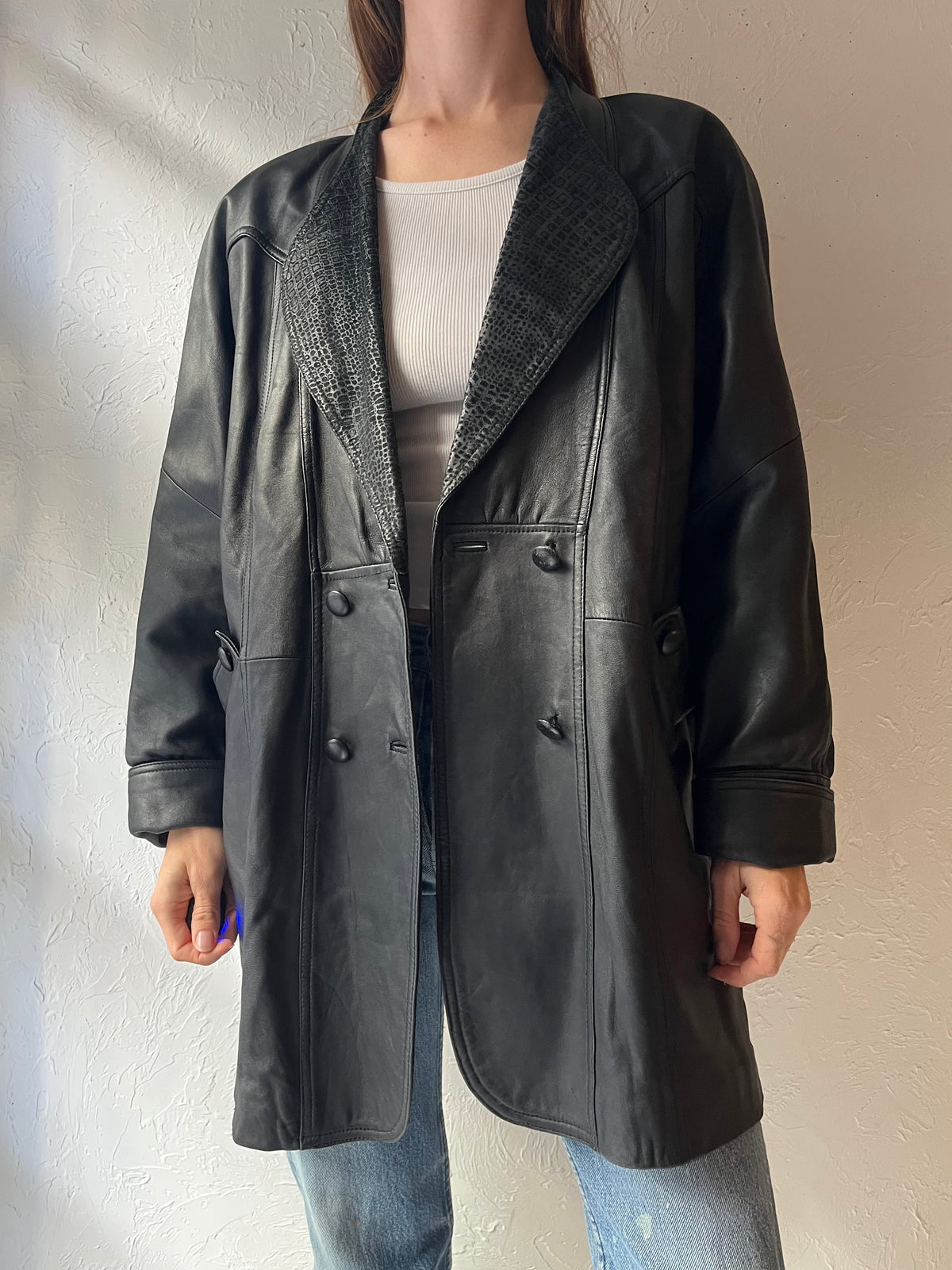90s 'Candy' Black Leather Double Breasted Minimalist Grunge Jacket / Small