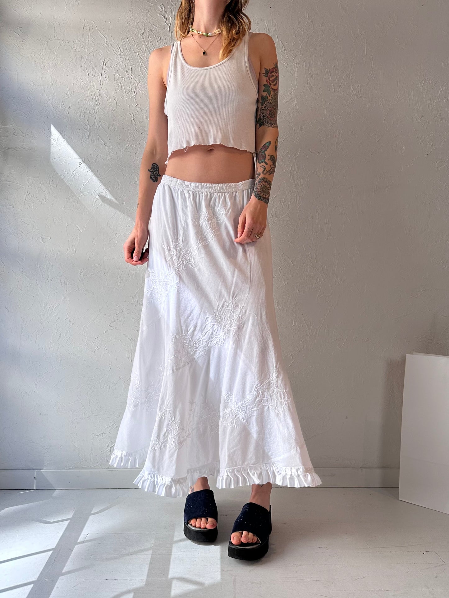 Vintage White Embroidered Maxi Skirt / Medium