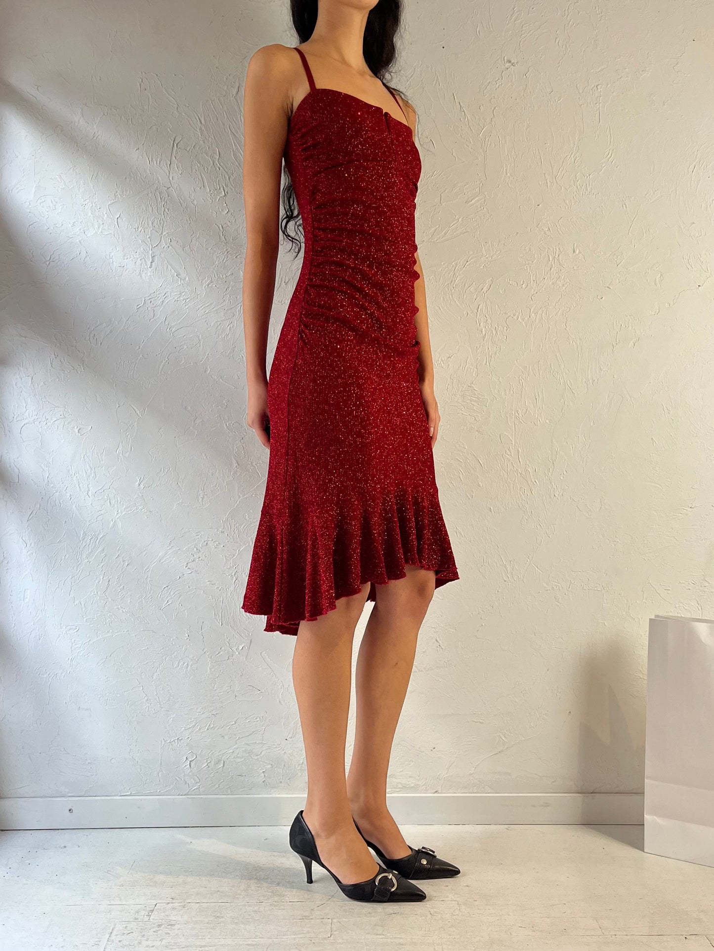 90s ‘Le Chateau’ Red Sparkly Evening Dress / Small - Medium