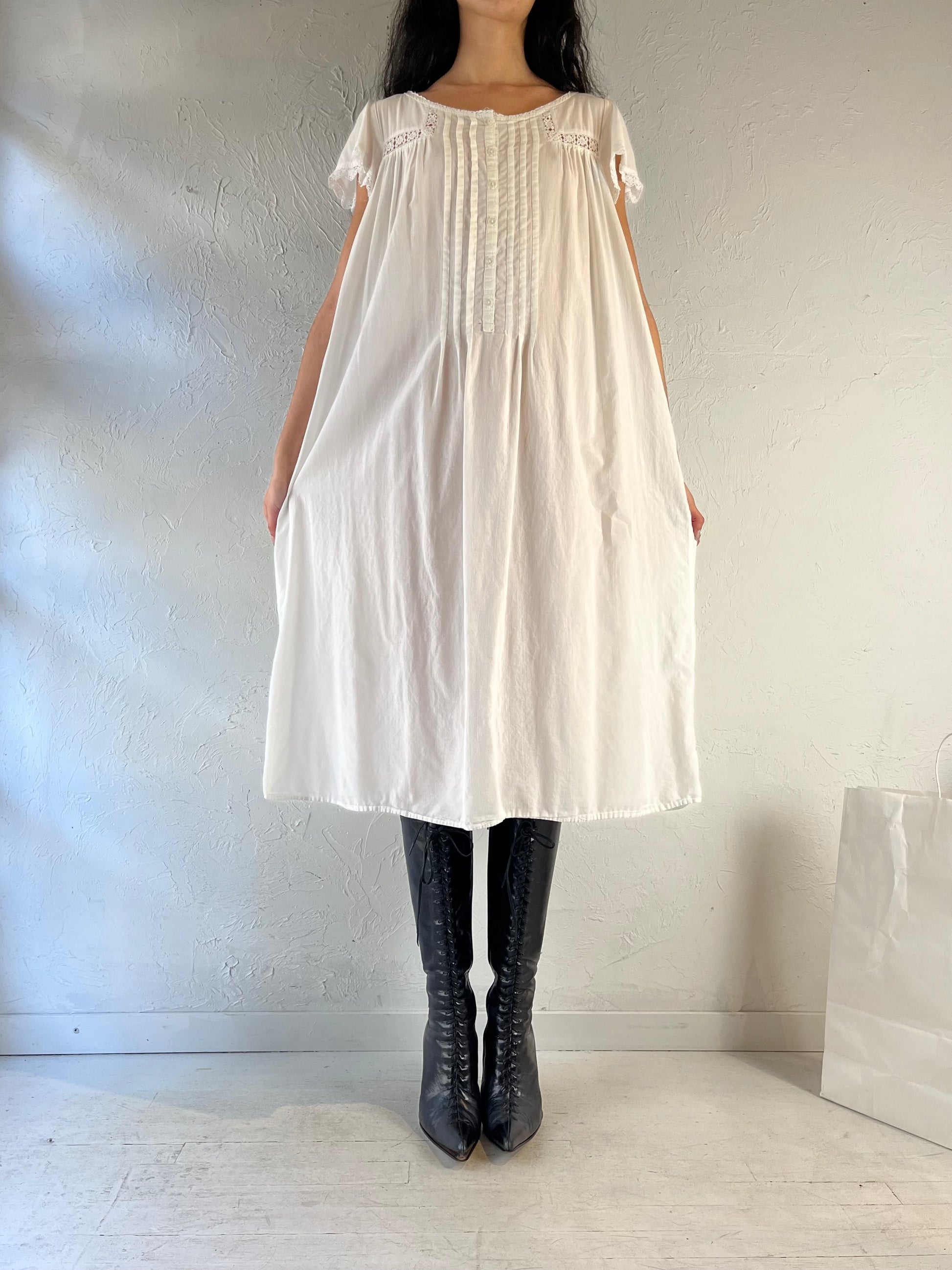 90s ‘Victorian Classics’ White Cotton Midi Dress / Large