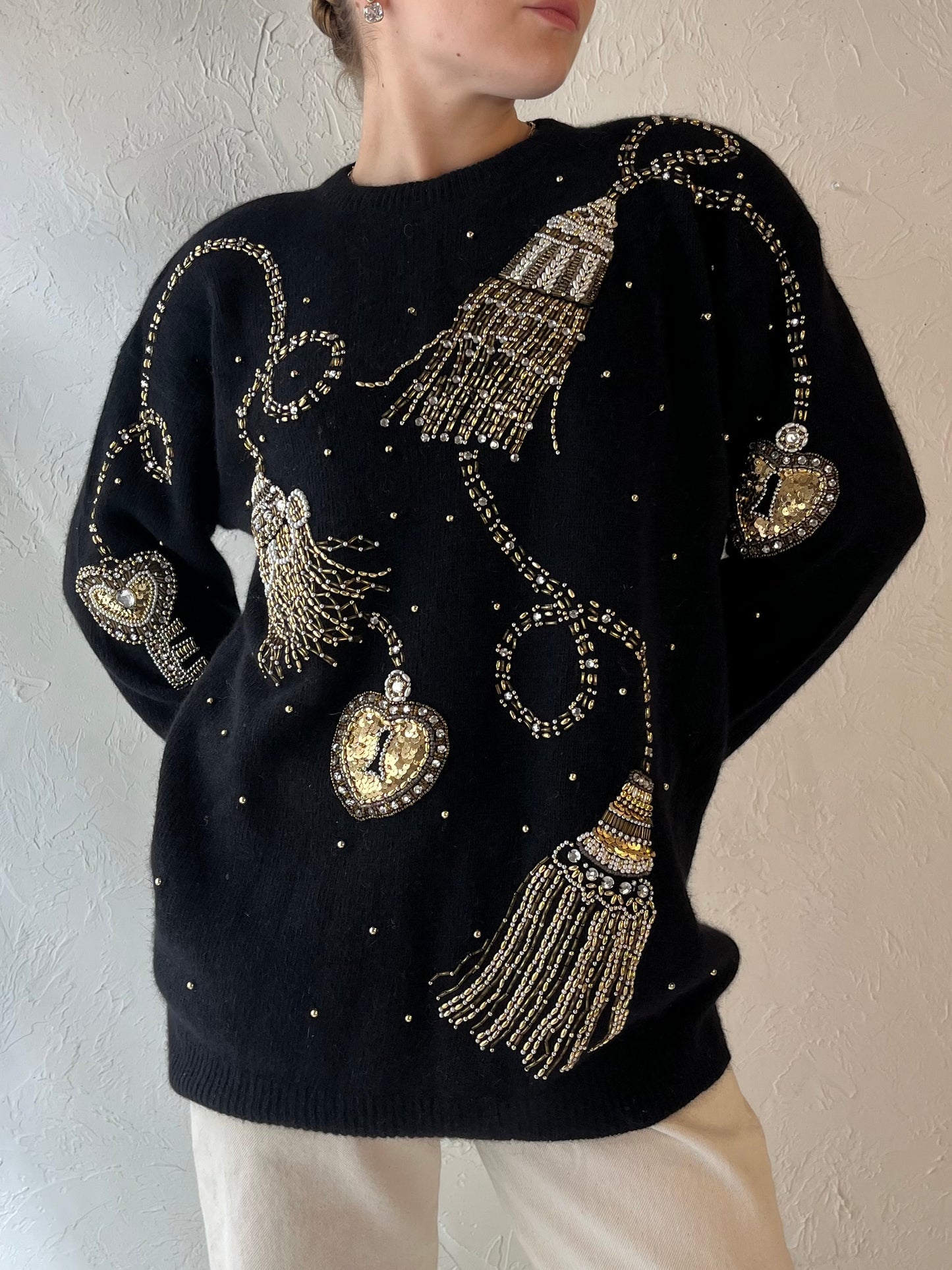 90s 'Bianca' Black Beaded Sweater / Medium