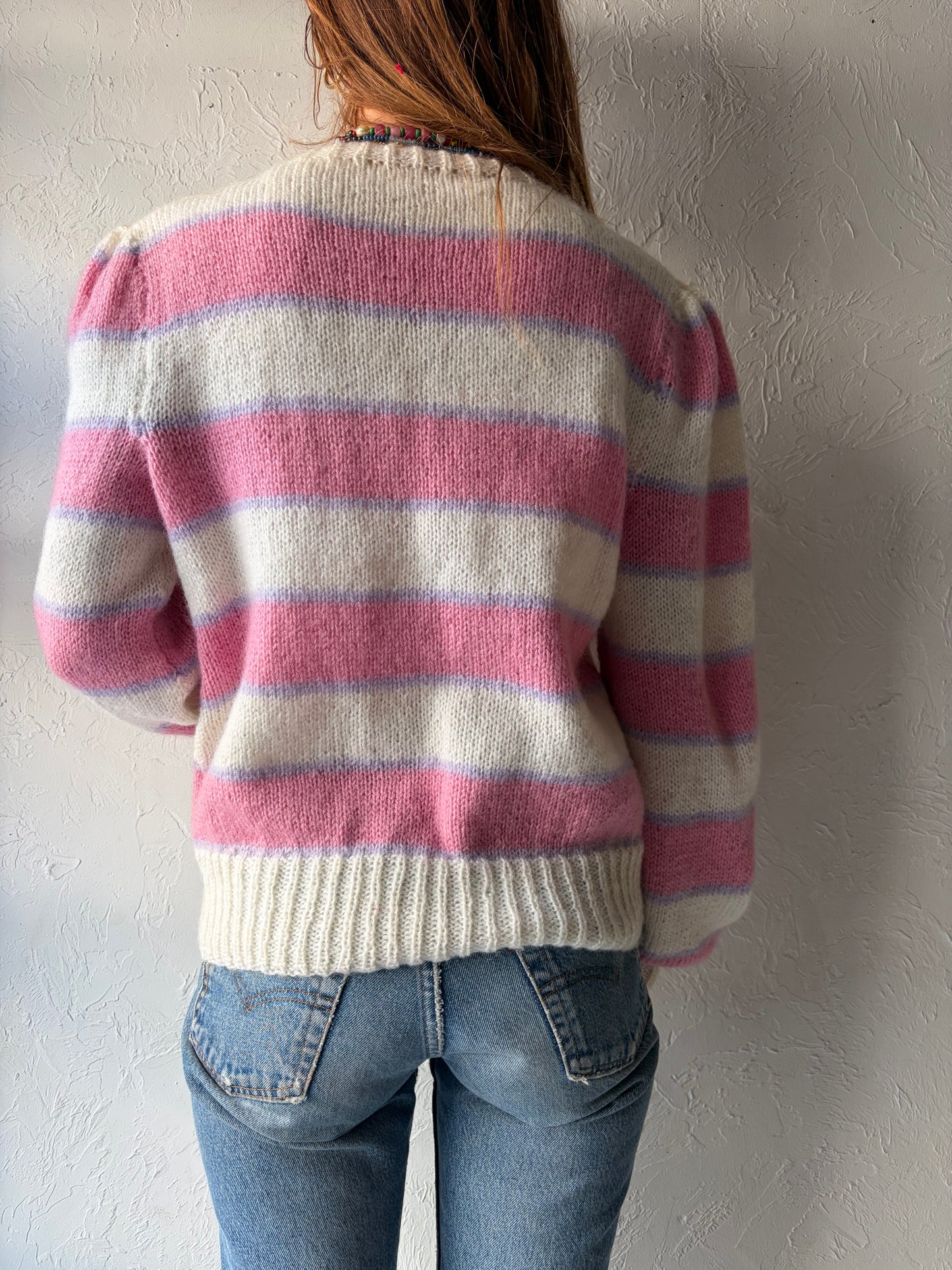 Vintage Hand Knit Striped Wool Henley Sweater / Medium