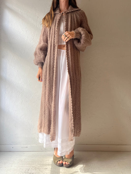 Vintage Taupe Mohair Knit Duster Cardigan Boho Cottagecore Maxi Sweater / Small - Medium