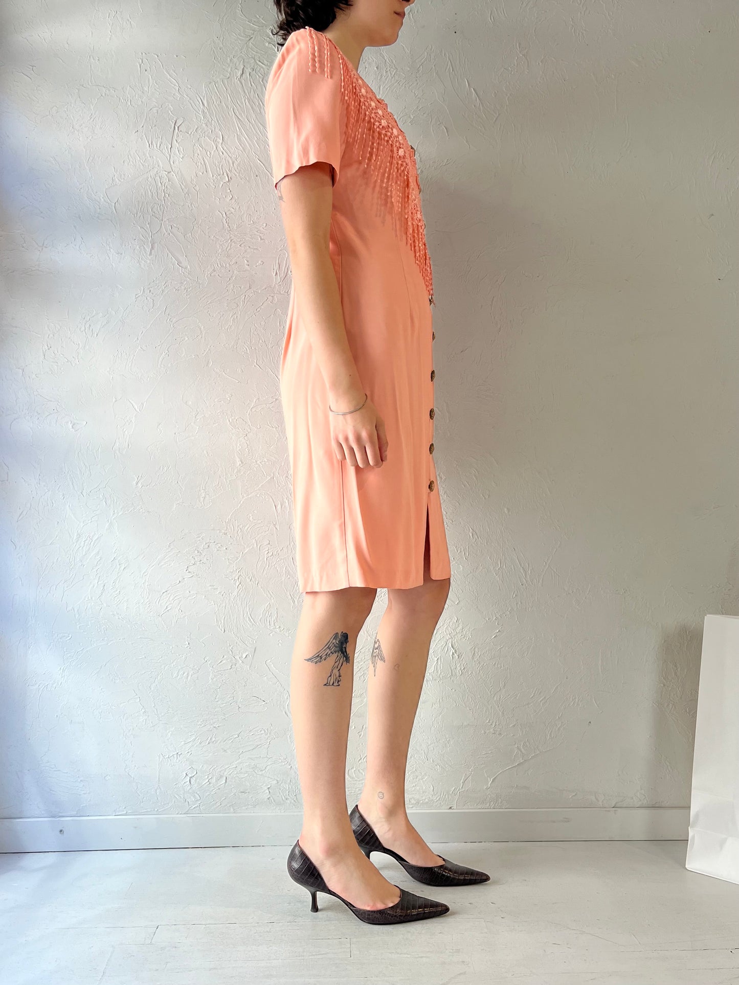 90s 'Petite Sophisticate' Pink Button Up Dress / Small