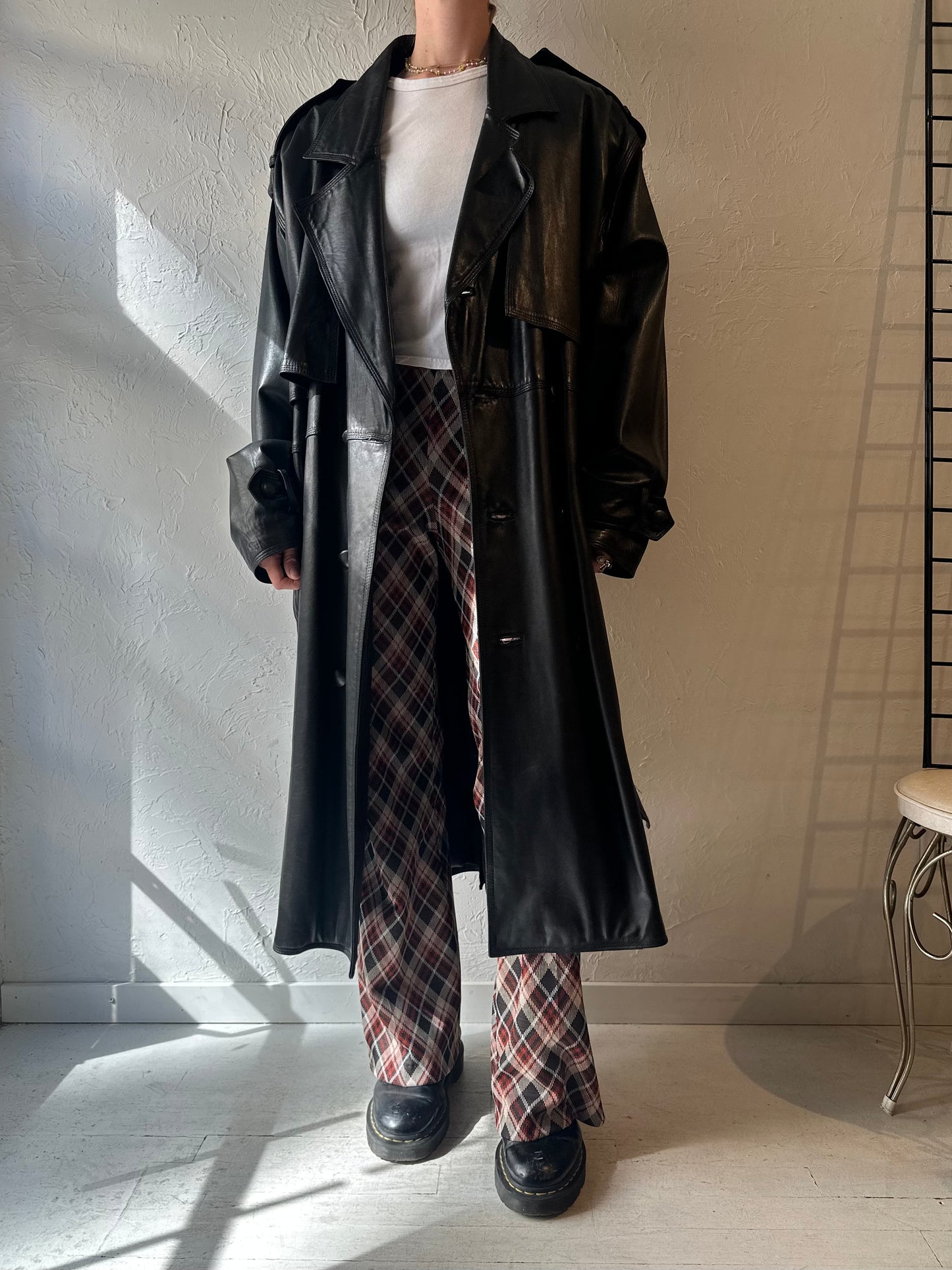 90s 'Nancy Lord' Black Leather Trench Coat / Large