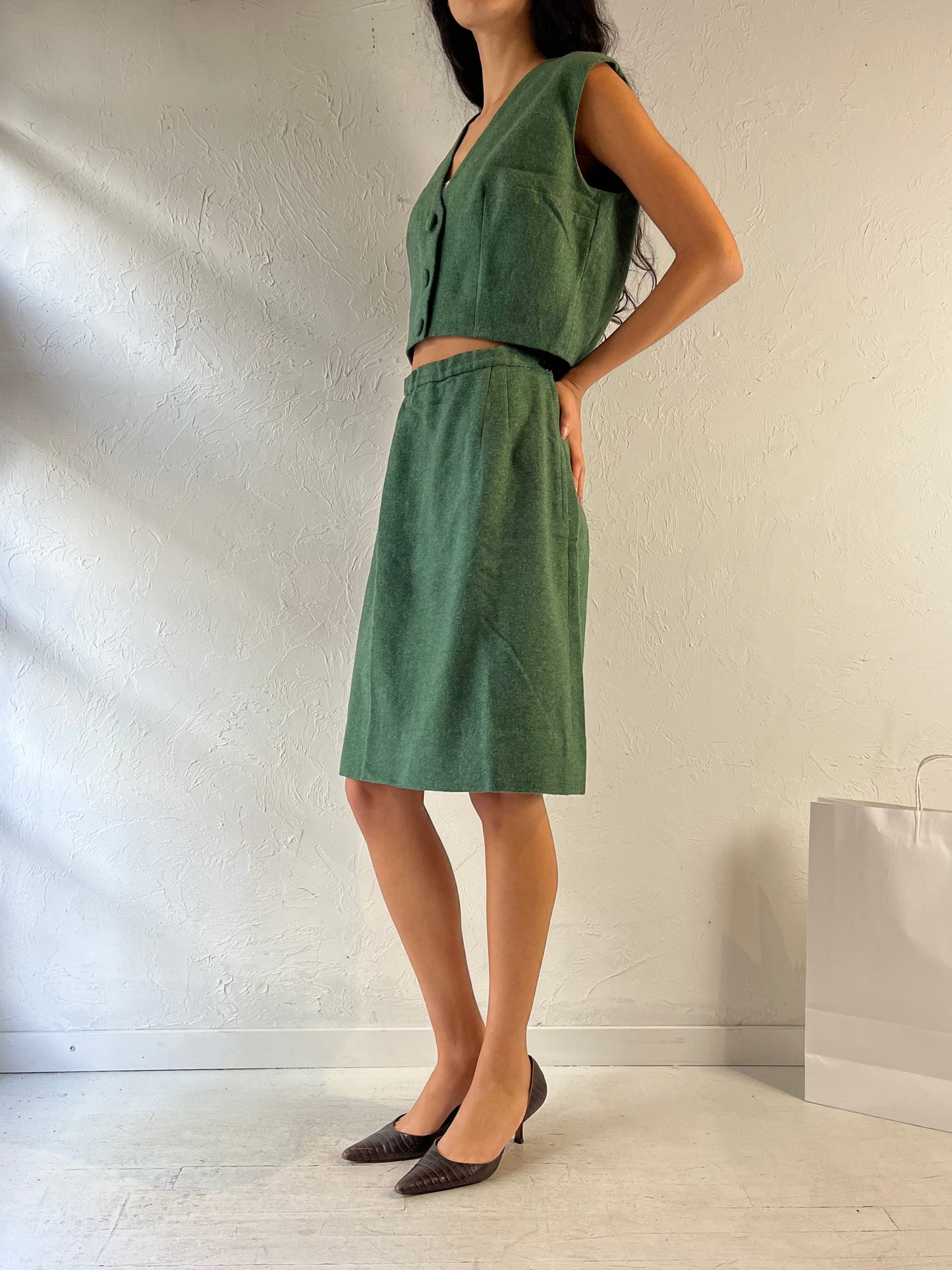 Vintage Handmade Green Wool Two Piece Set / Small