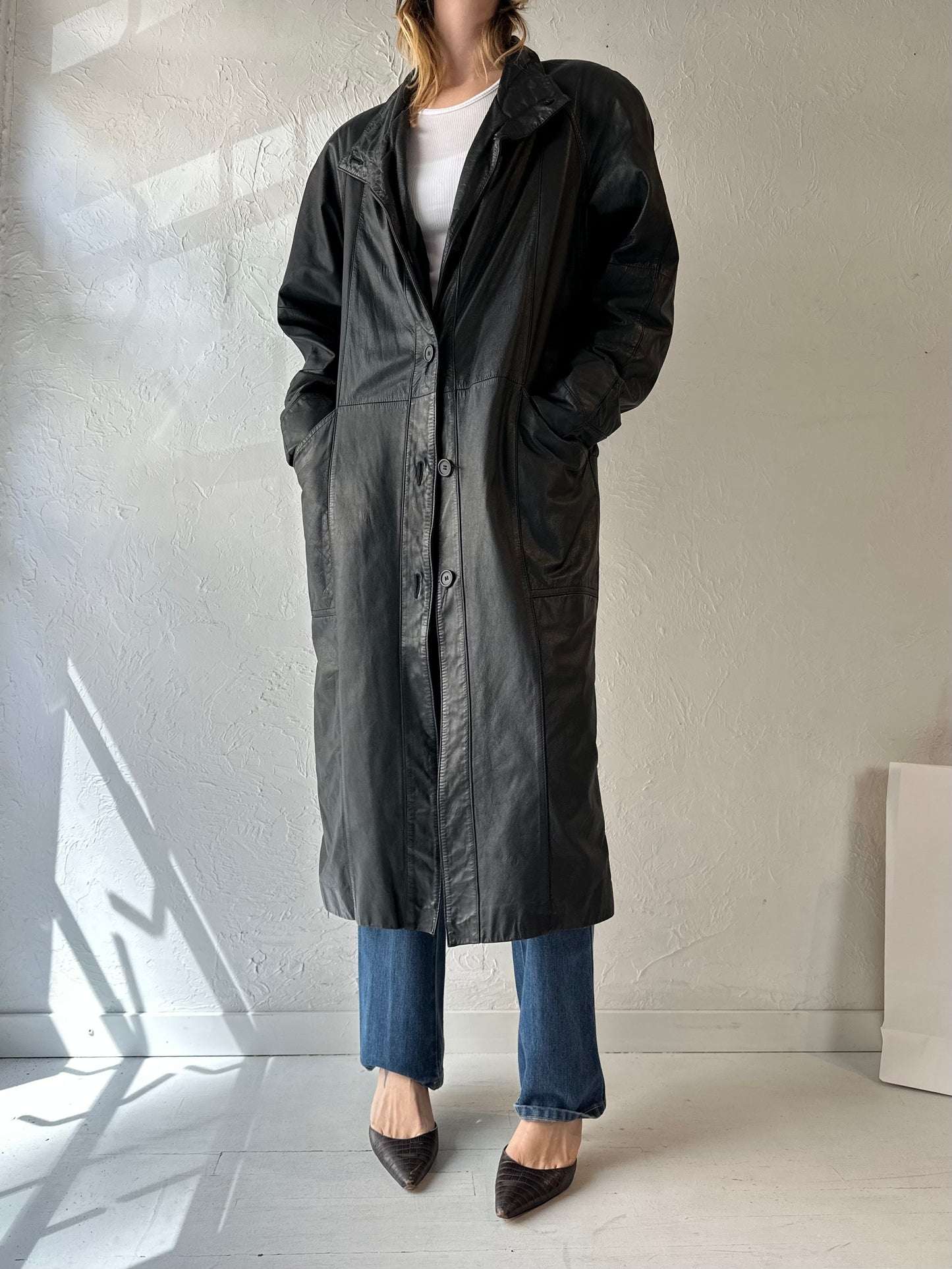 90s 'Pelle' Black Leather Button Up Coat / Medium