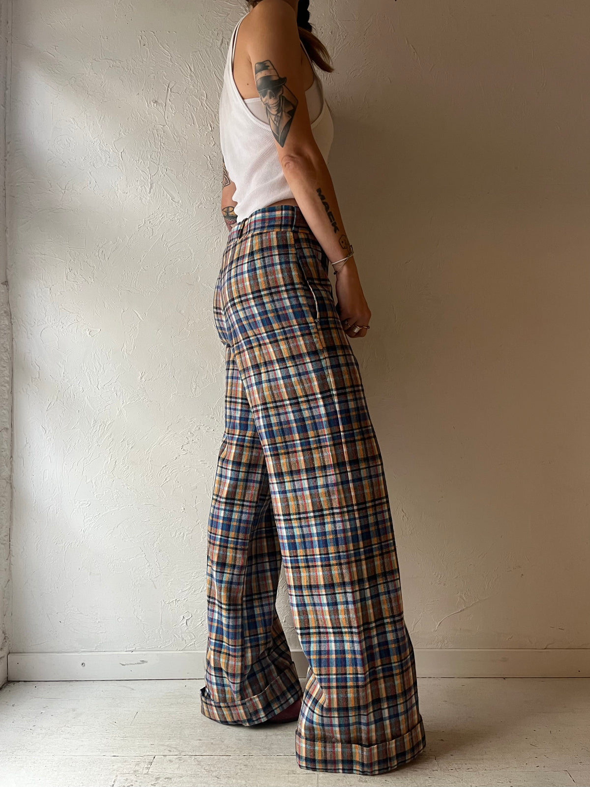 70s 'Mac Queen' Blue Plaid Knit Wide Leg Pants Retro Preppy Academia Flare Trousers / Medium