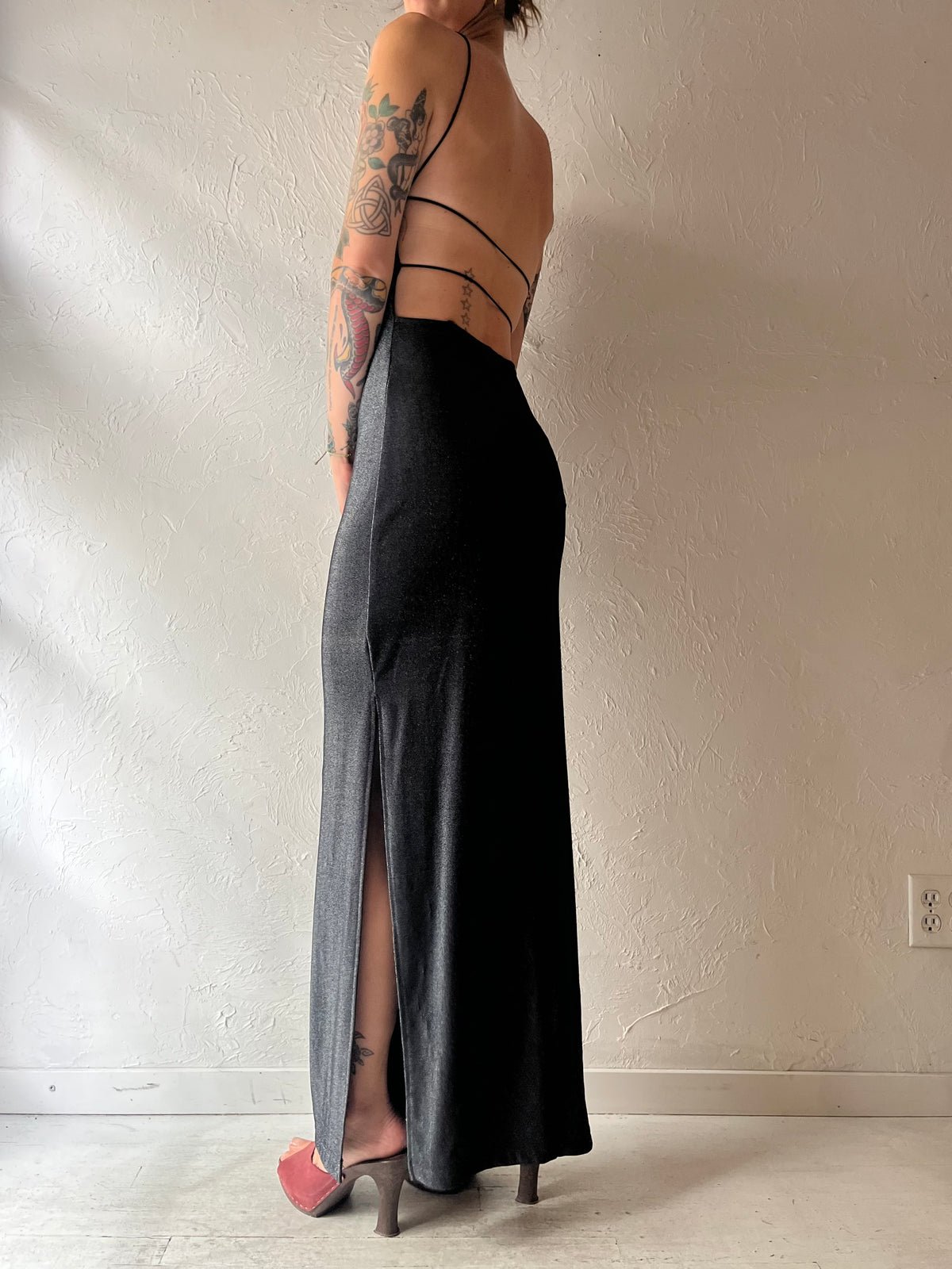 Y2k 'City Triangle' Black Sparkly Metallic Bodycon Evening Gown Minimalist Goth Party Maxi Dress / Small