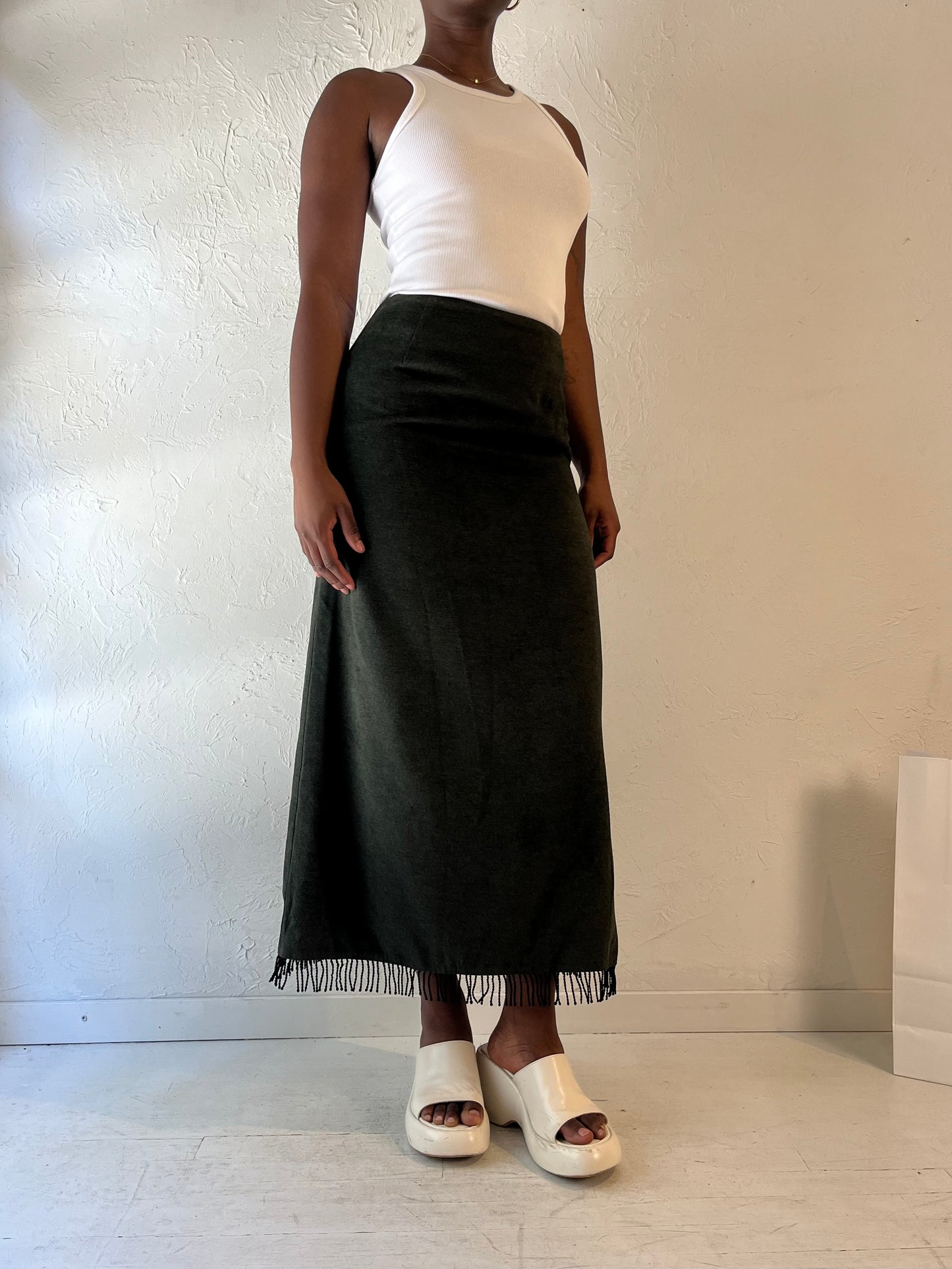 90s 'Dalia' Dark Green Micro Suede Maxi Skirt /  Medium