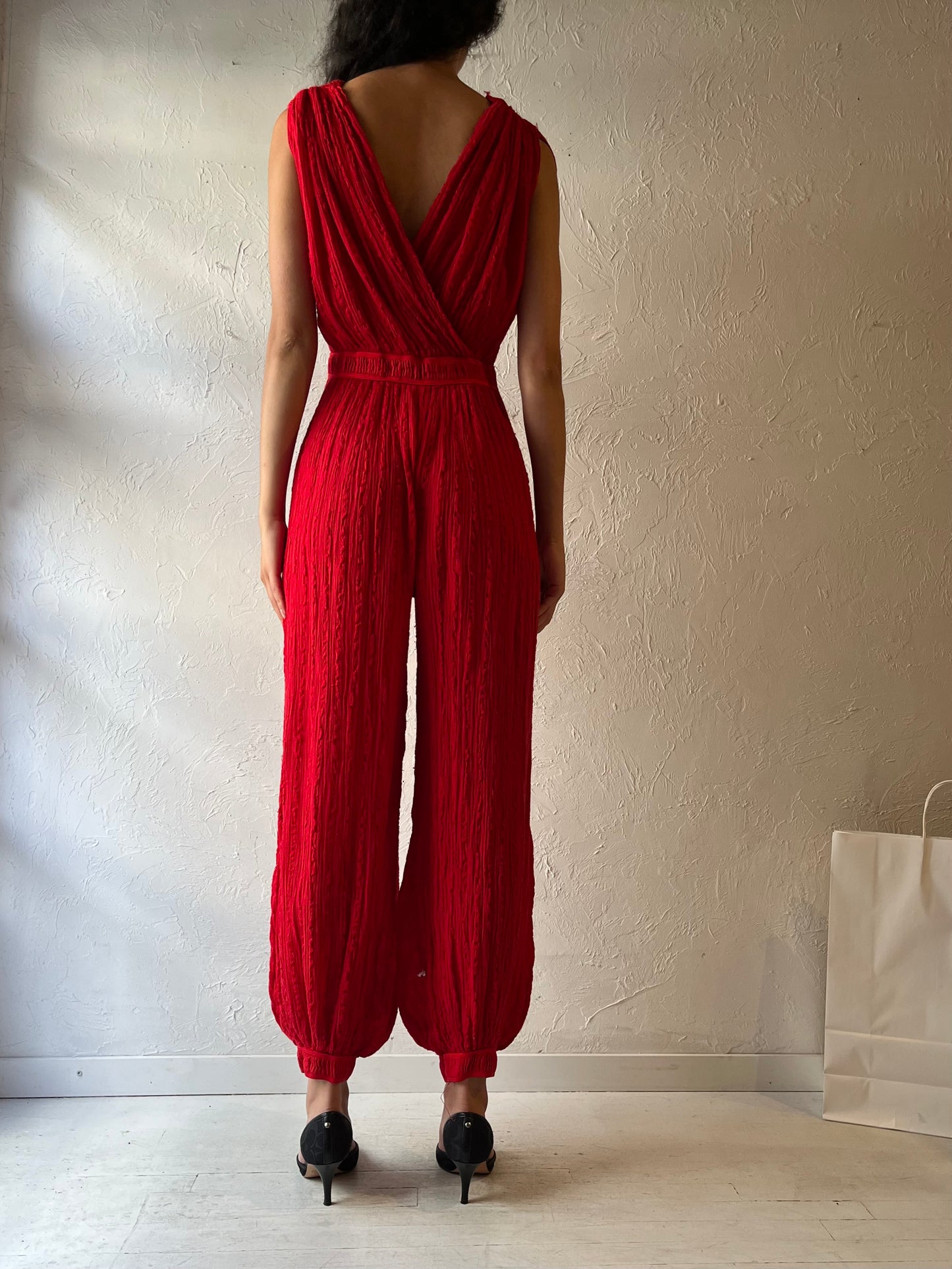 90s ‘Eva’ Red Crinkle Jumpsuit / Small