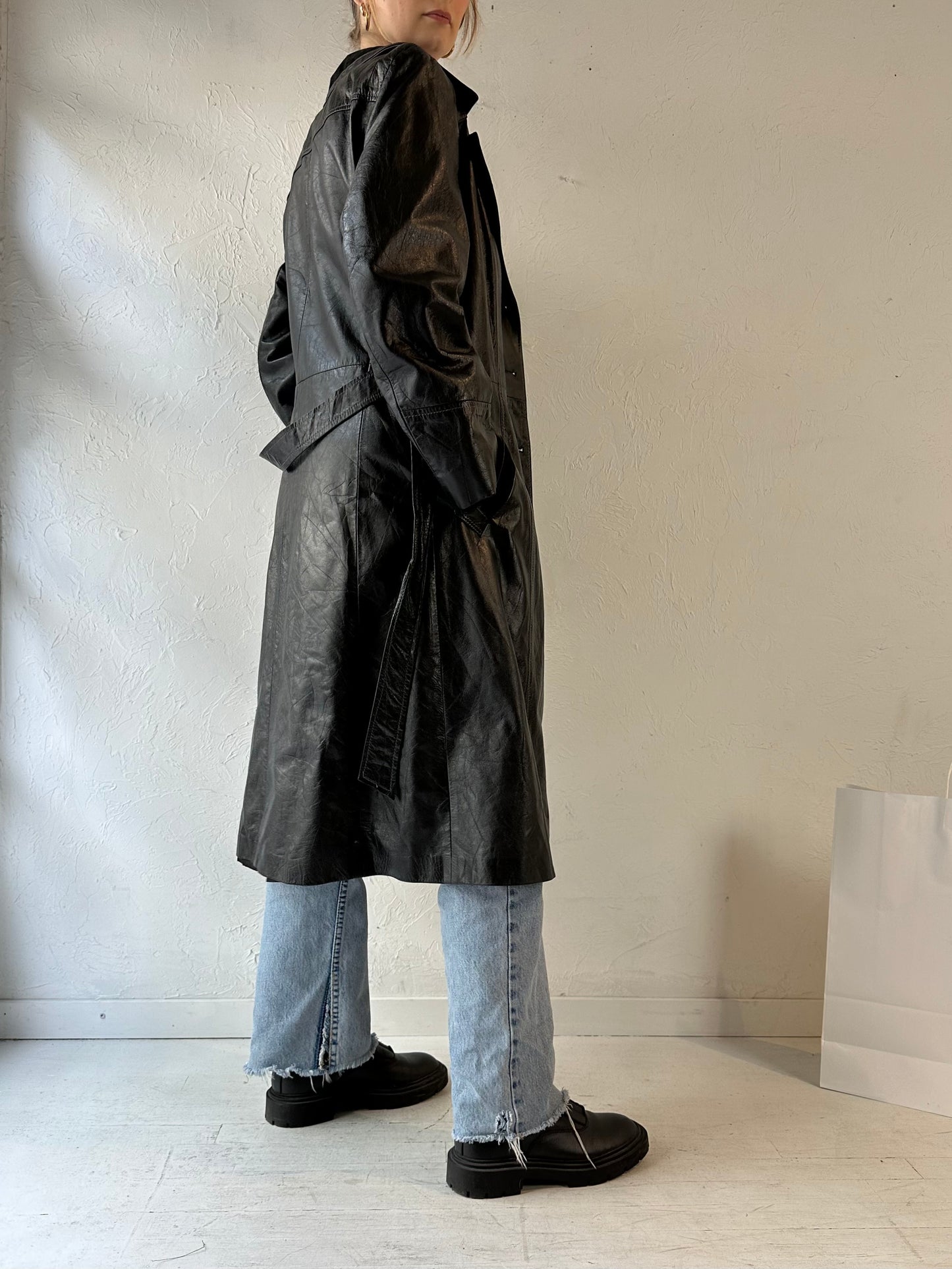 Vintage Black Leather Trench Coat / Medium