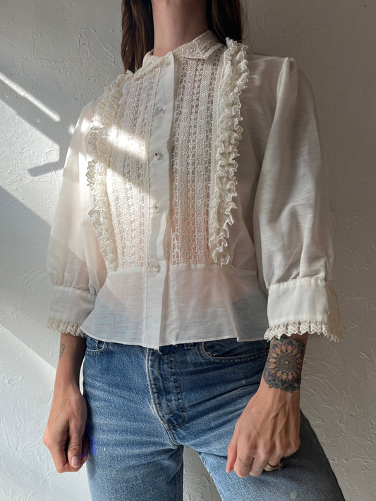 70s 'Mark Lee' White Sheer Ruffle Shirt / Small