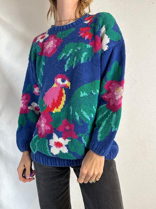 90s 'IZOD' Cotton Knit Parrot Sweater / Medium
