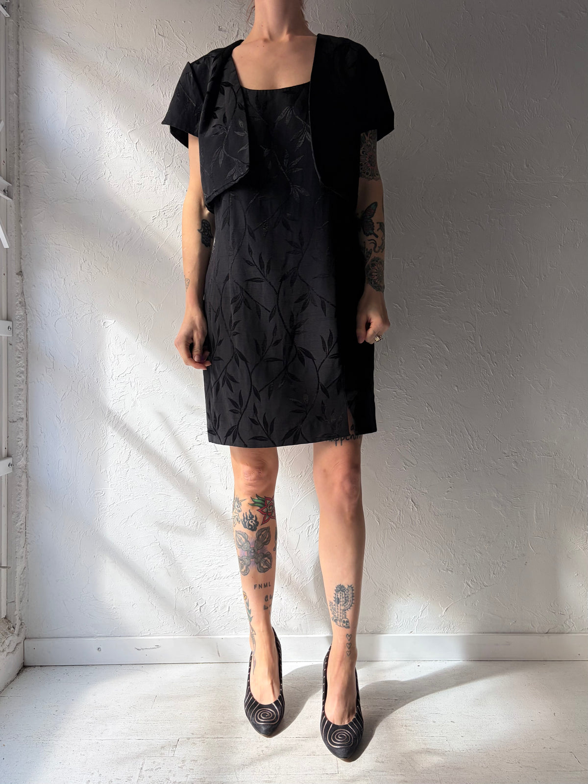 80s little black dress 'J.R. Nites' Normcore Mini Set / Vintage 1980s Academia Party Dress / Meidum wide dress belt Strapless Lace Overlay Wiggle Black Mock Neck Mini Select Shirt Size:S