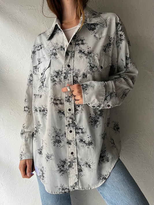 80s 'MWG' White Floral Western Cowboy Workwear Snap Up Shirt / Large